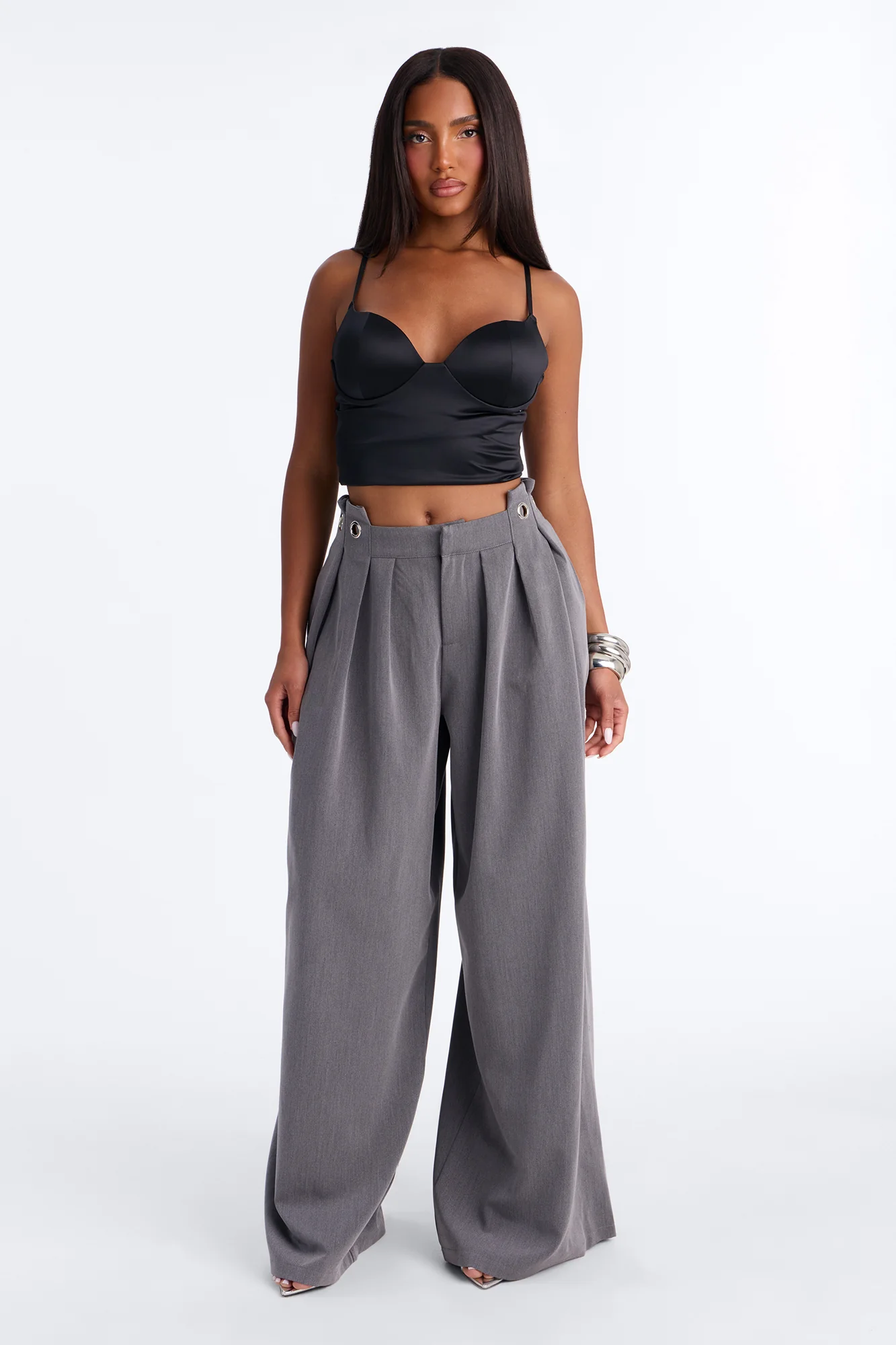 Magnolia Mid Rise Wide Leg Hardware Trouser - Charcoal