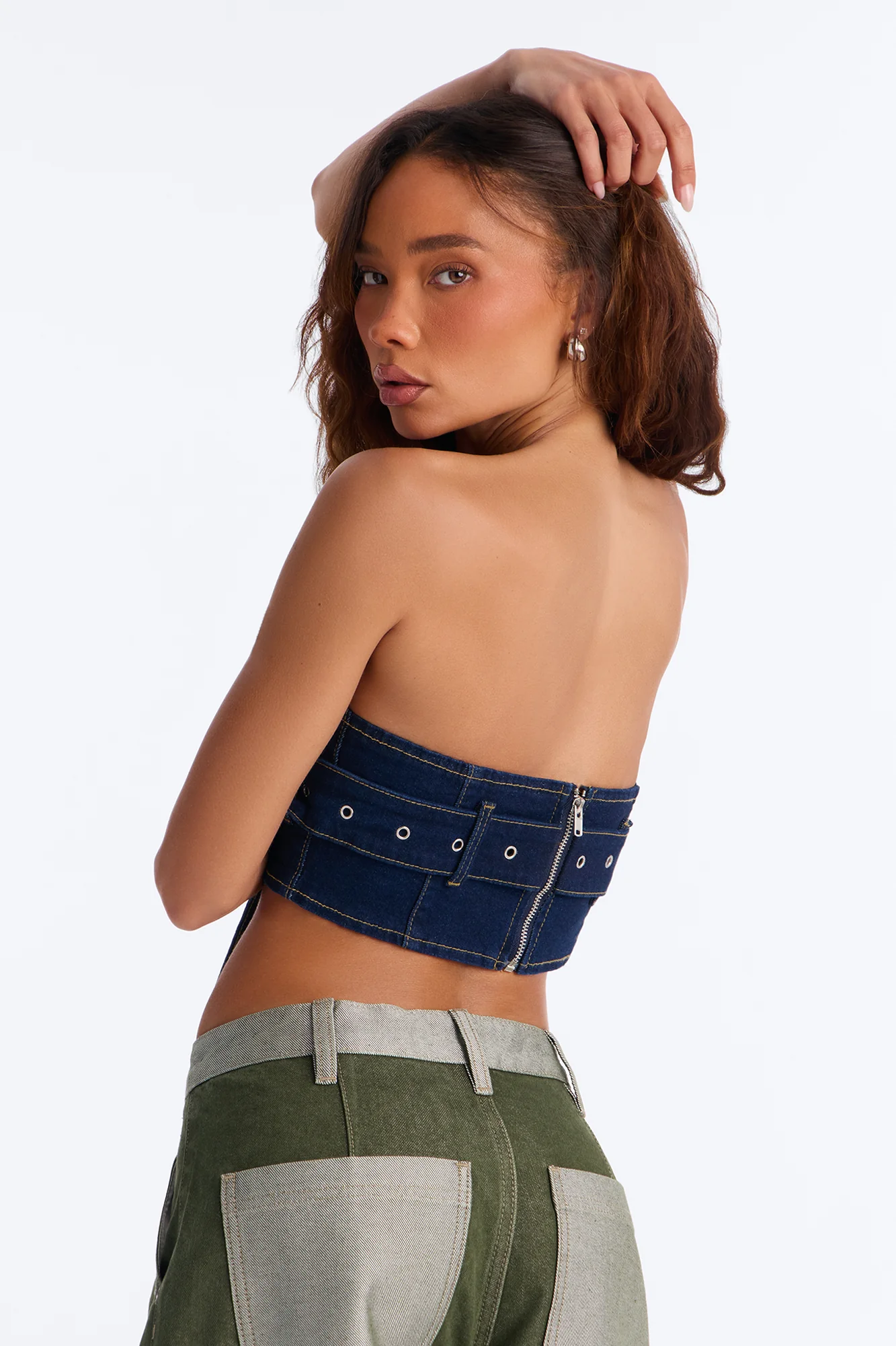 Main Character Always Belted Strapless Denim Top - Dark Wash - Image 4