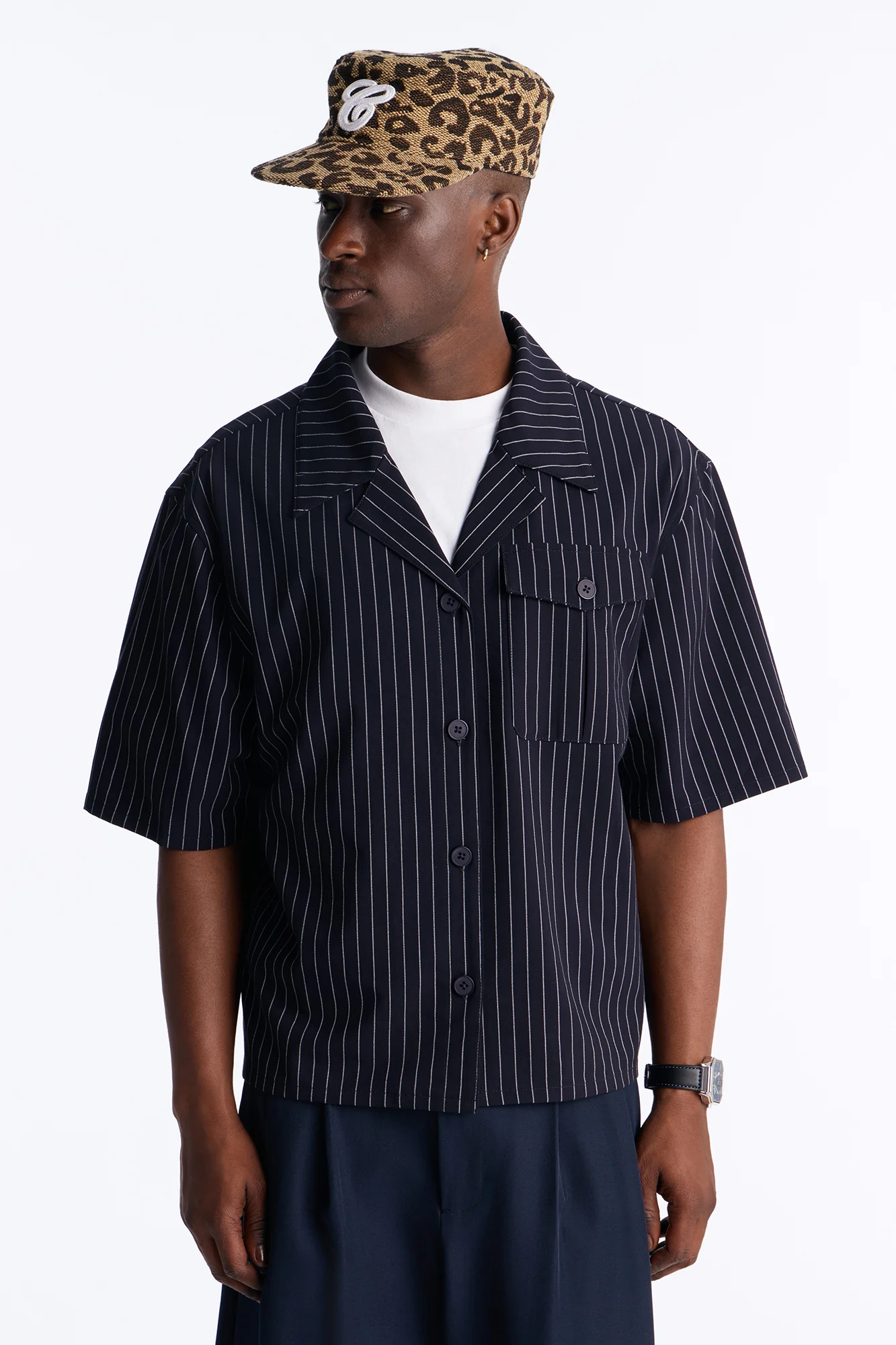 Maison Tailored Refined Stripe Button Up Shirt - Navy