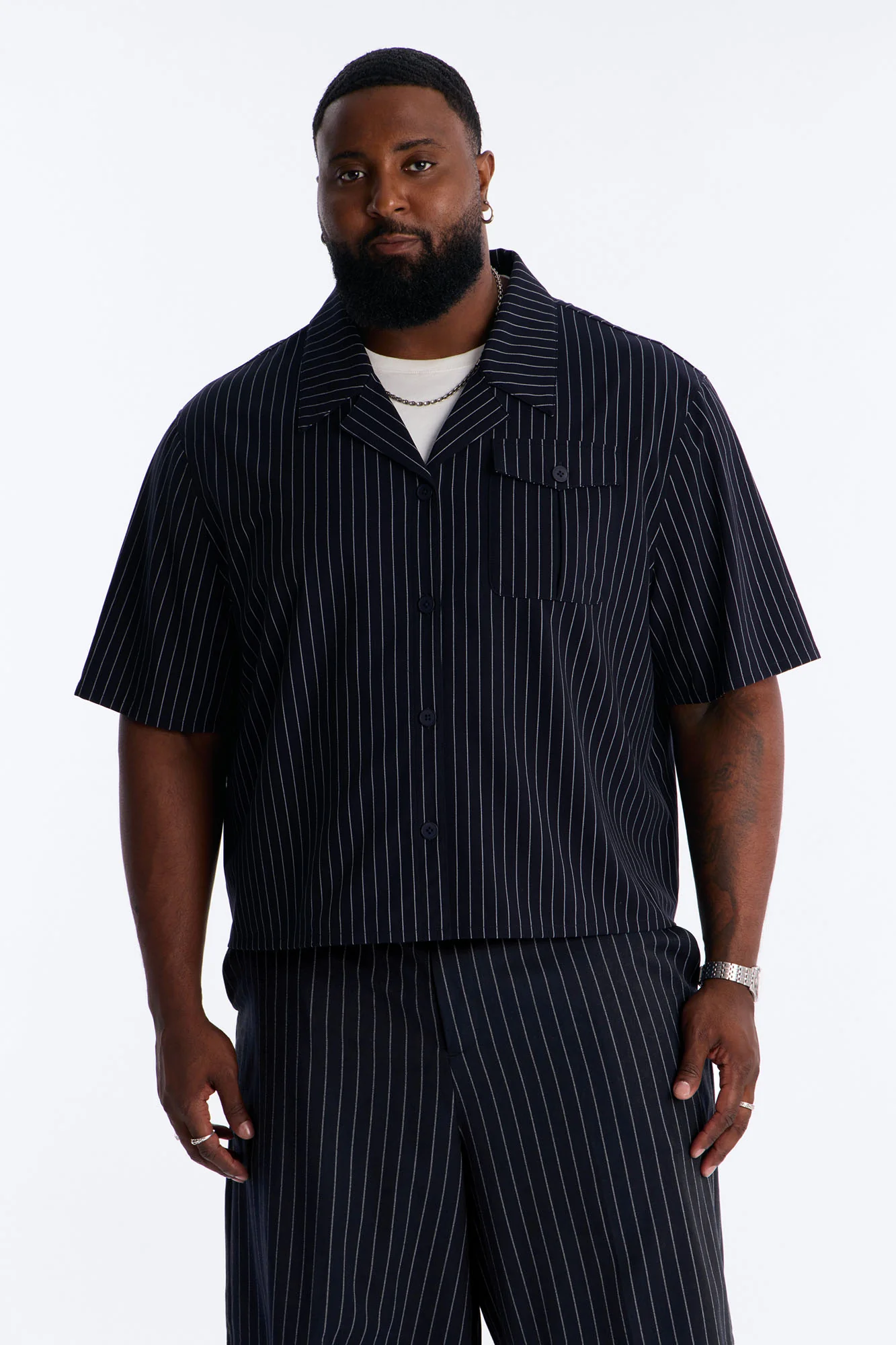 Maison Tailored Refined Stripe Button Up Shirt - Navy - Image 5