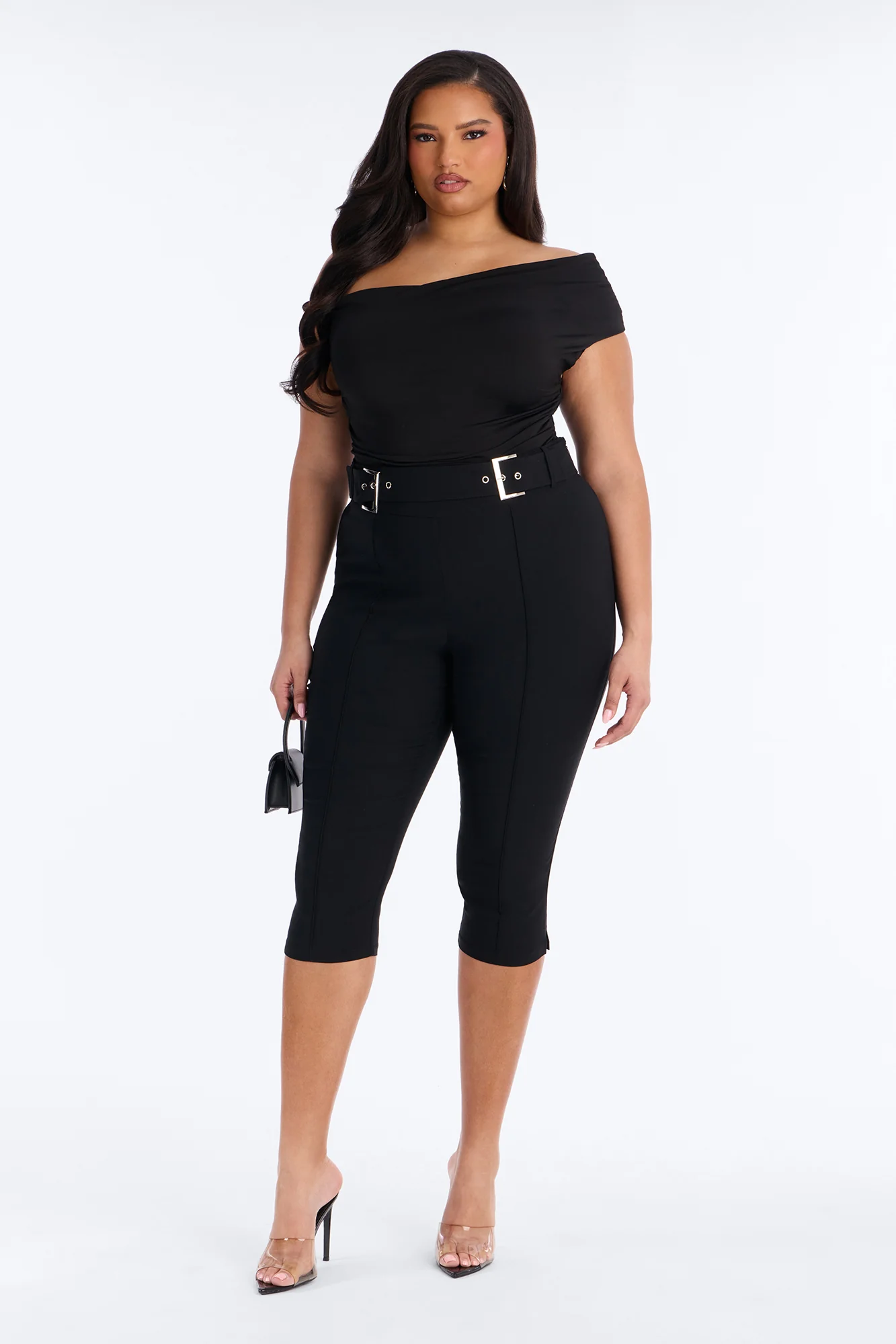 Makayla High Rise Buckle Skinny Capri Pant 19″ - Black - Image 5
