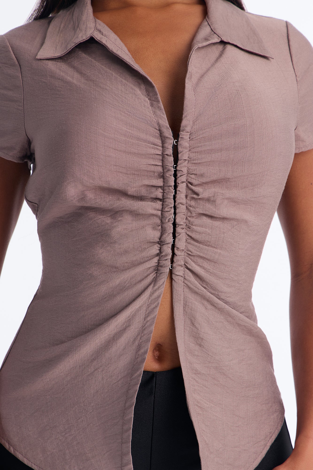 Make It Happen Short Sleeve Ruched Linen Top - Brown - Image 2