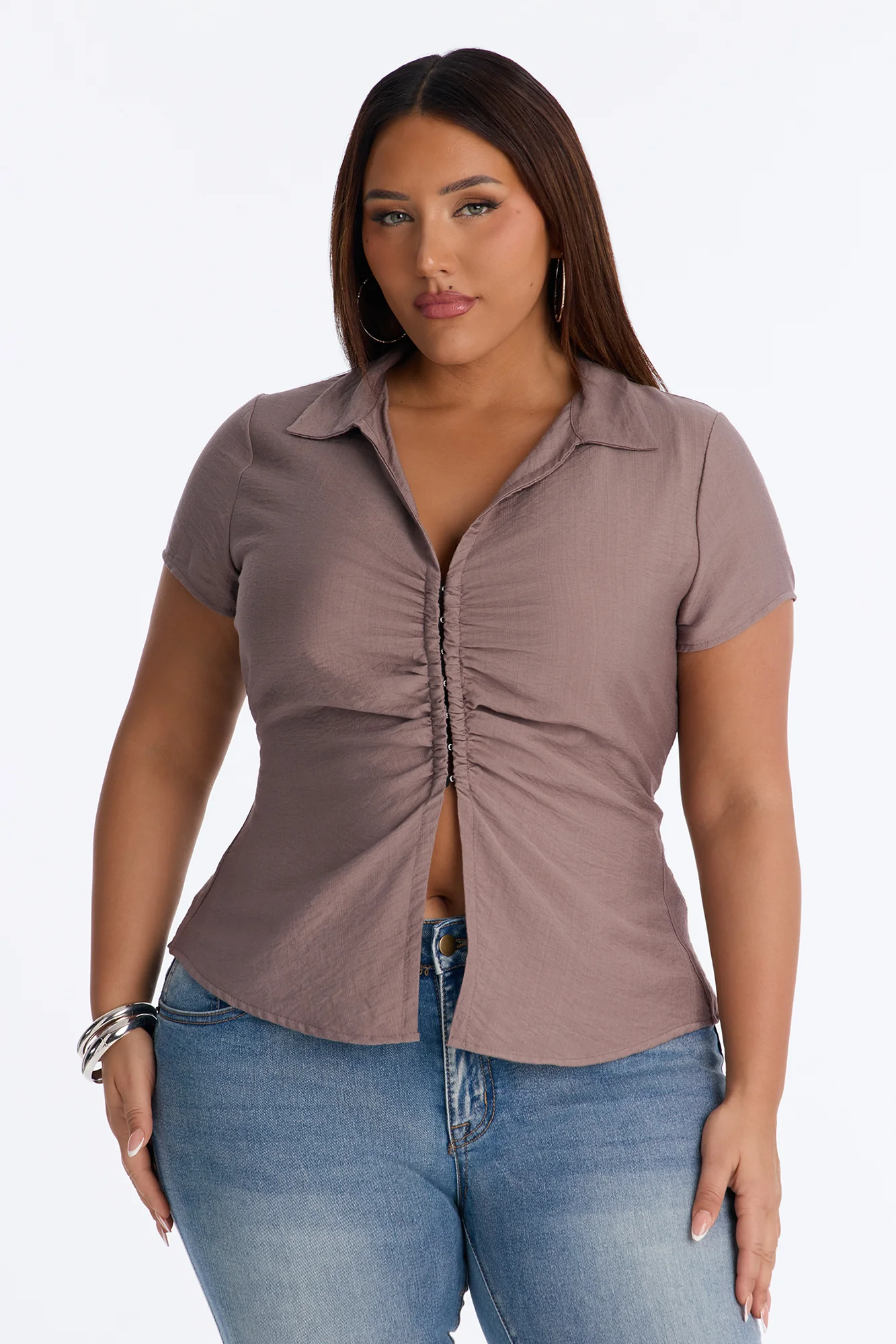 Make It Happen Short Sleeve Ruched Linen Top - Brown - Image 4