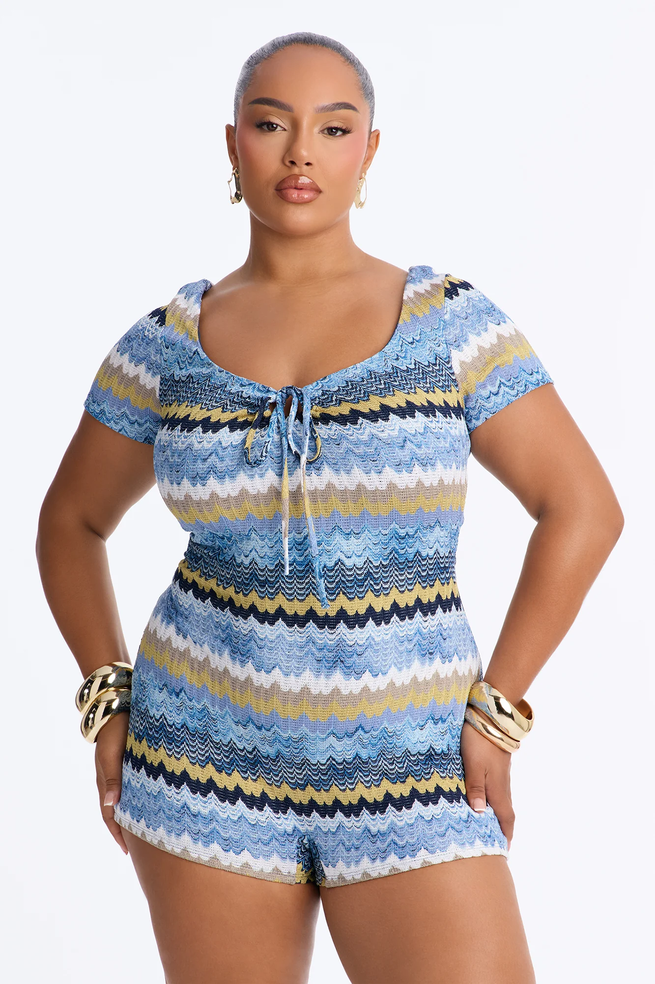 Malibu Waves Short Sleeve Knit Romper - Blue - Image 5
