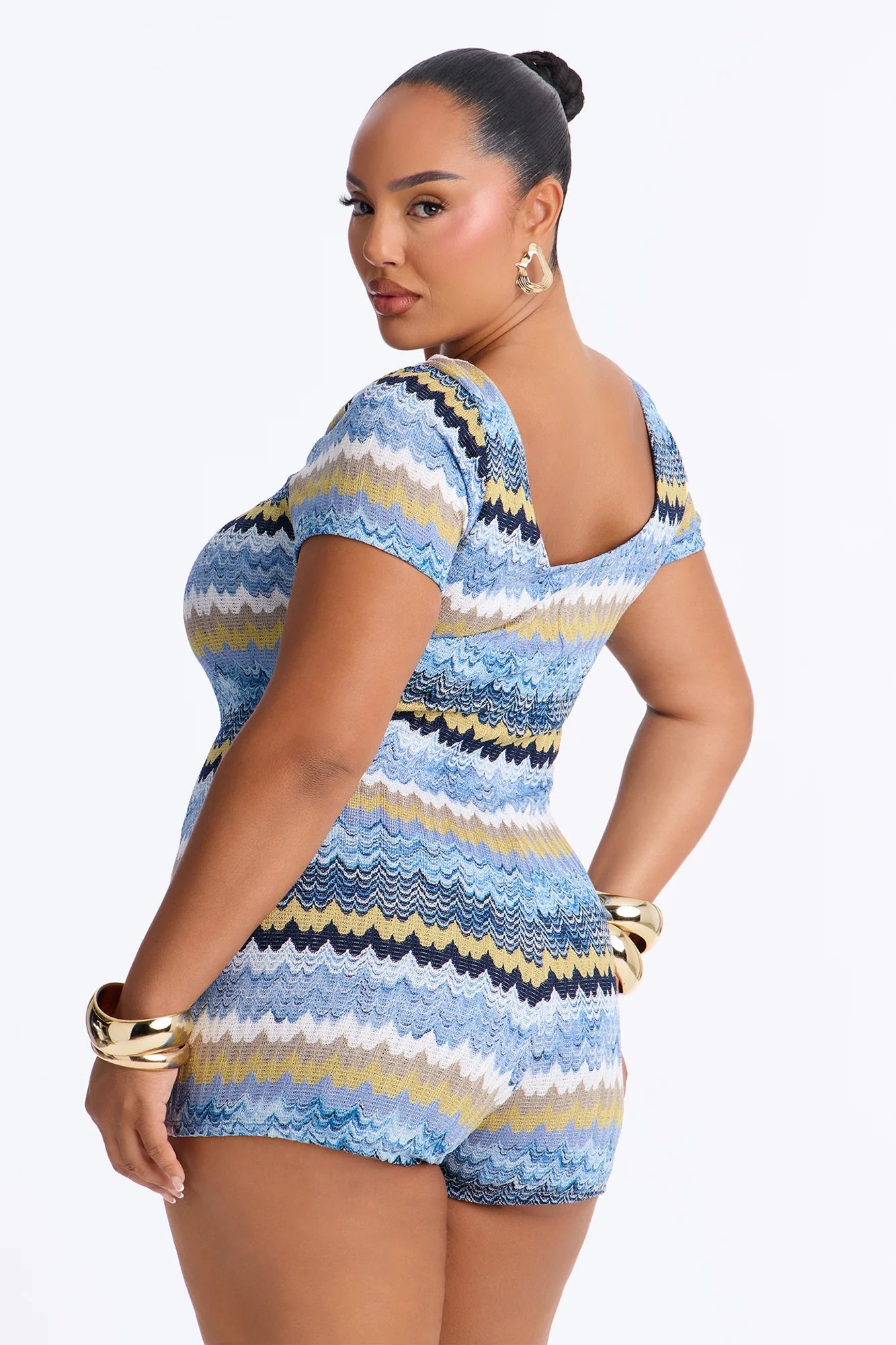 Malibu Waves Short Sleeve Knit Romper - Blue - Image 8