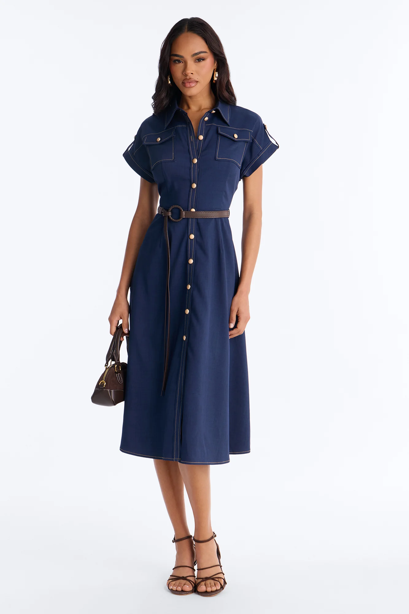 Malissa Belted Midi Dress - Navy