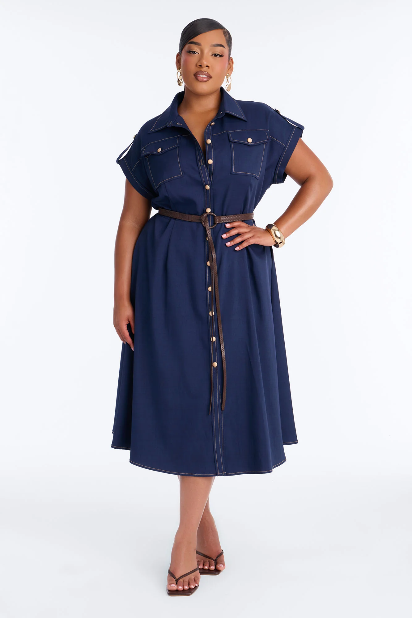 Malissa Belted Midi Dress - Navy - Image 5