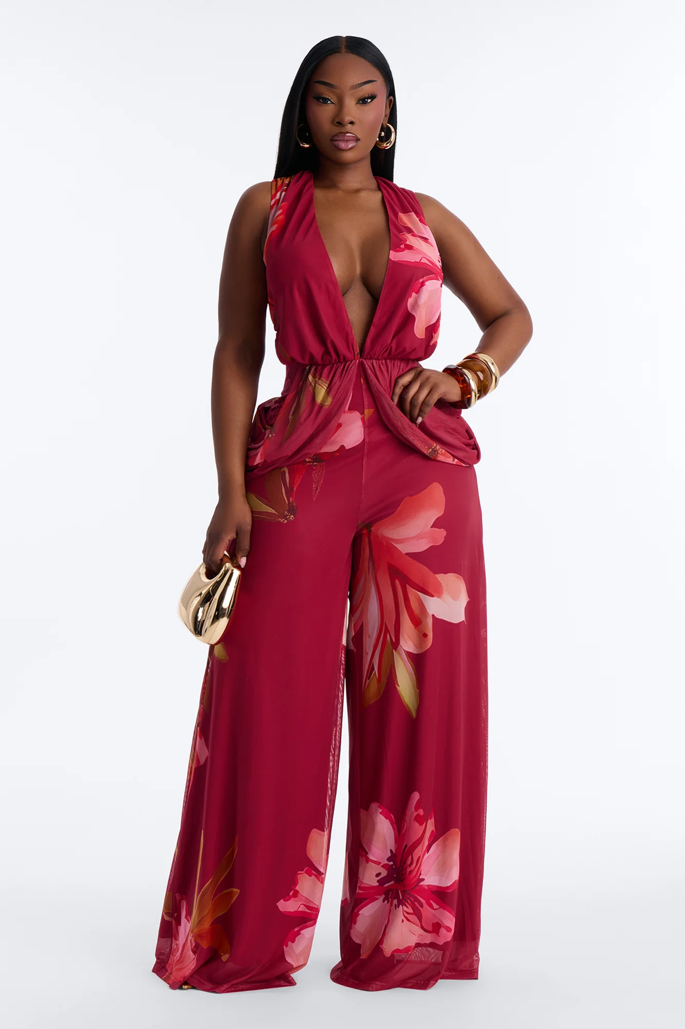 Mara Mesh Lace Trim Jumpsuit - Wine - Image 5