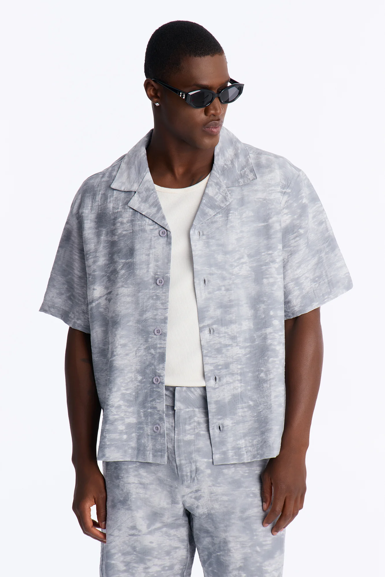 Marble Wash Cuban Collar Button Up Shirt - Grey/combo