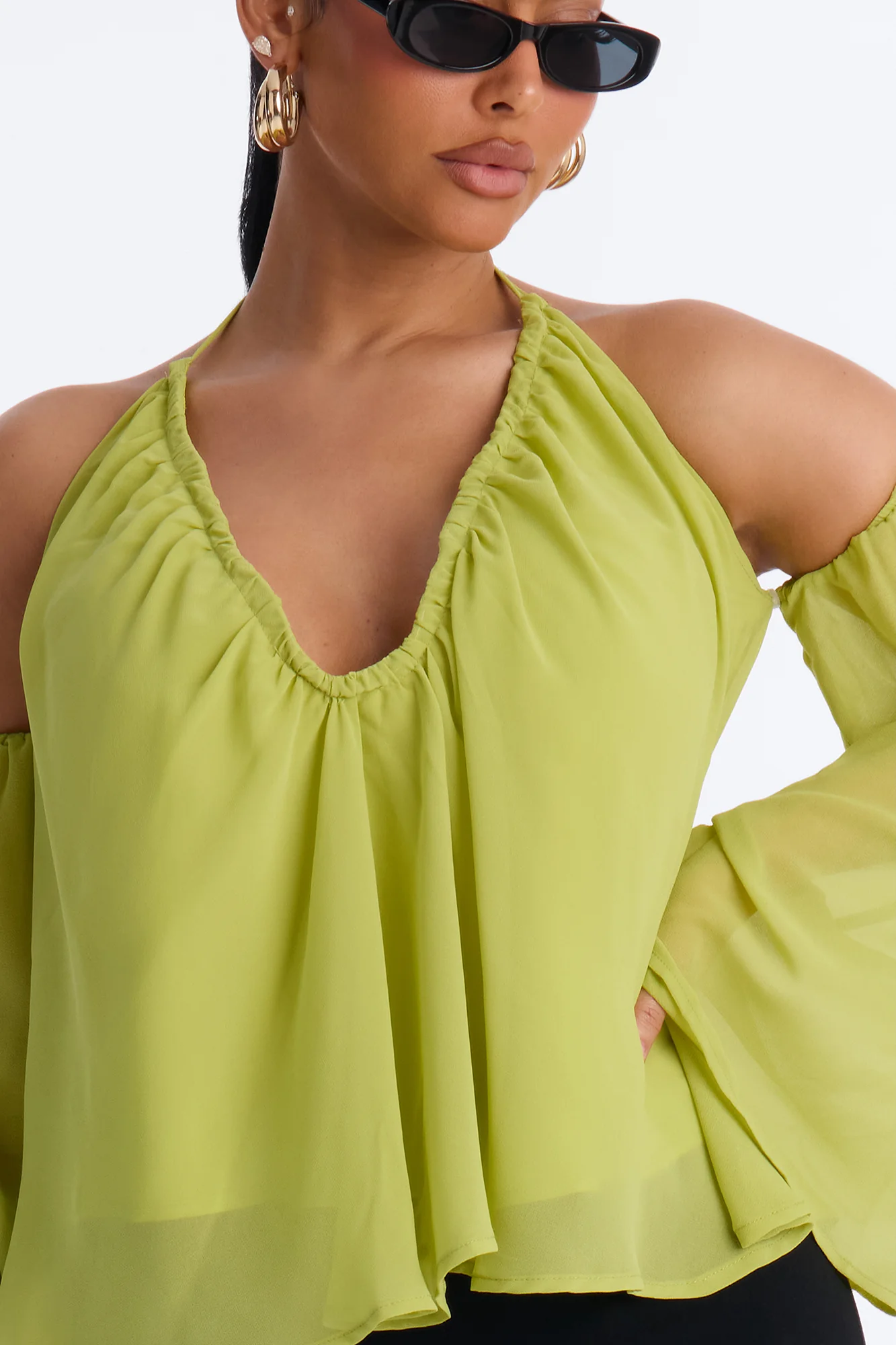 Maren Cold Shoulder Chiffon Blouse - Chartreuse - Image 3