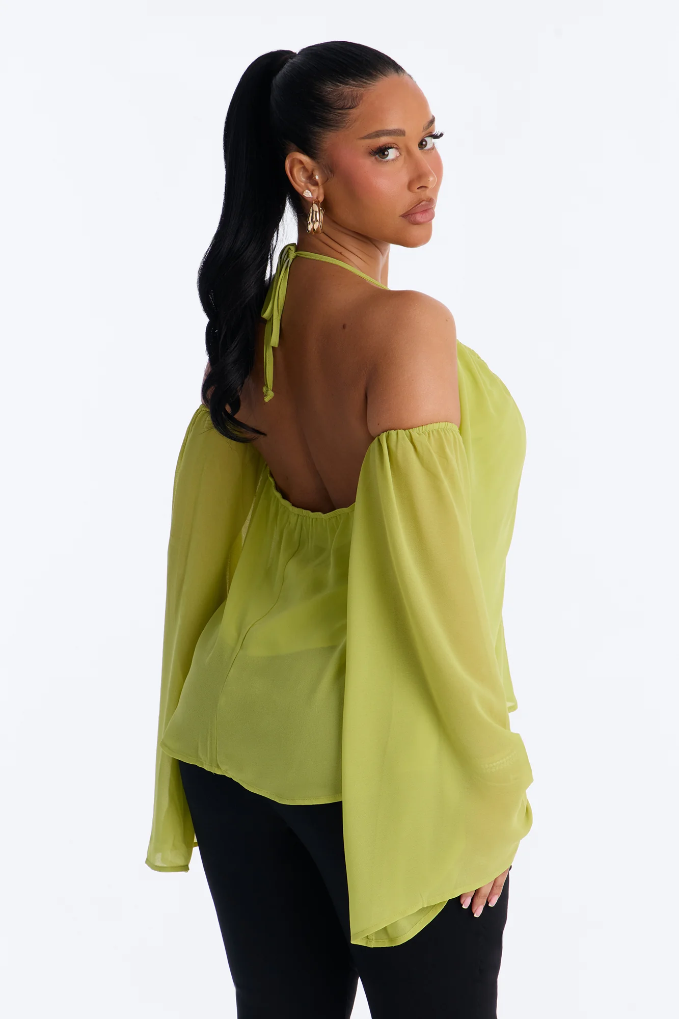 Maren Cold Shoulder Chiffon Blouse - Chartreuse - Image 4