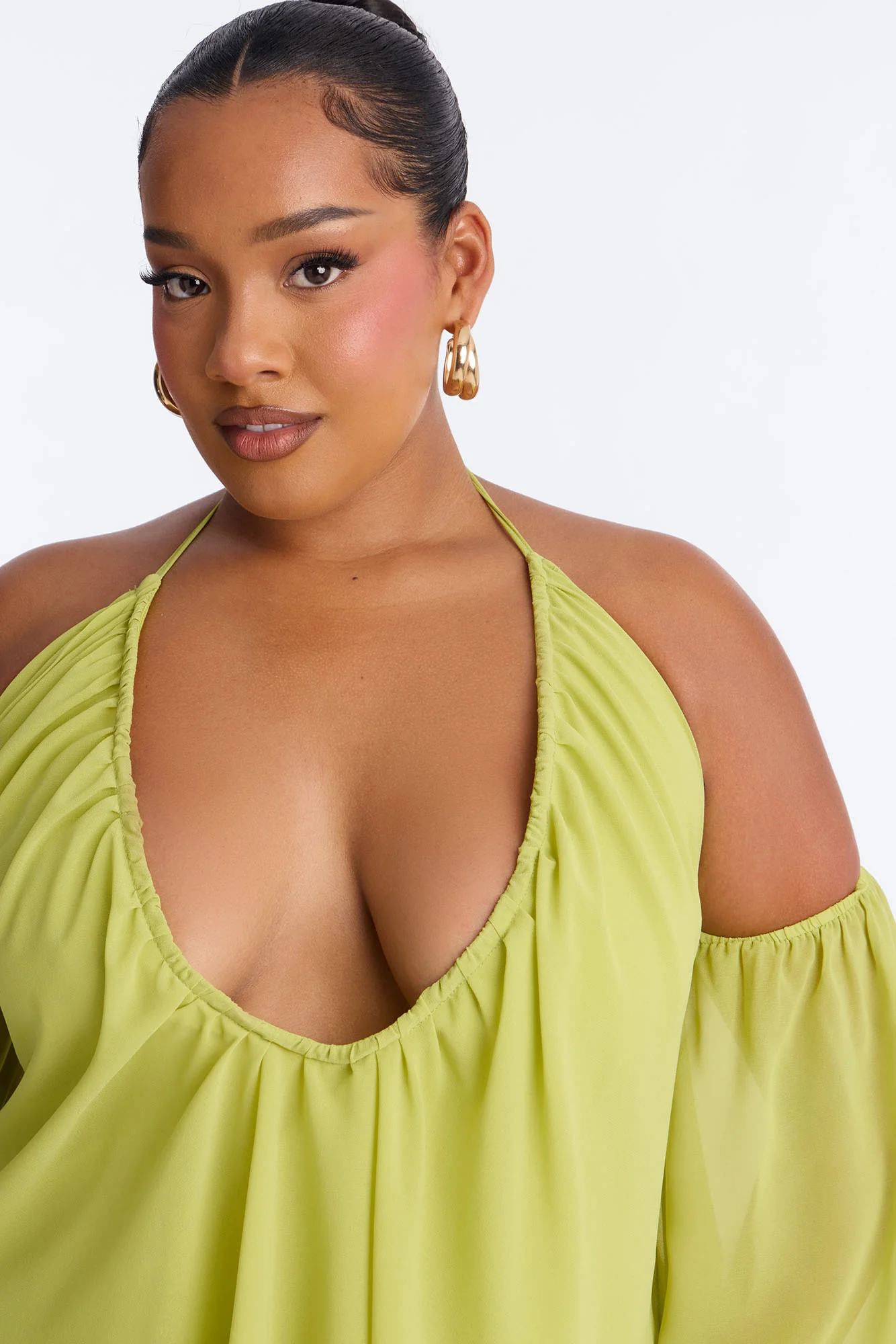 Maren Cold Shoulder Chiffon Blouse - Chartreuse - Image 7