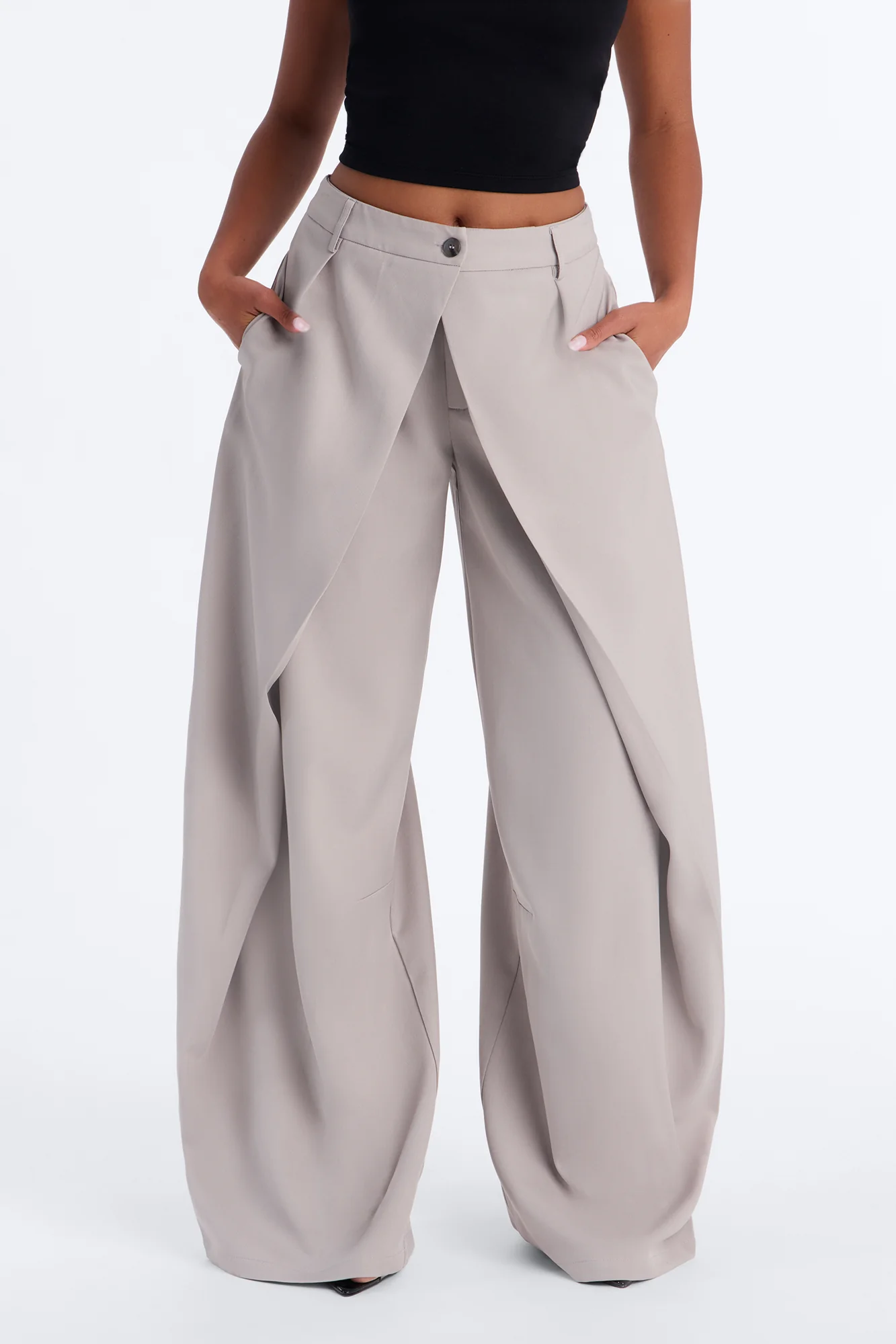 Margaret Solid Wide Leg Front Wrap Trouser Pant - Light Grey