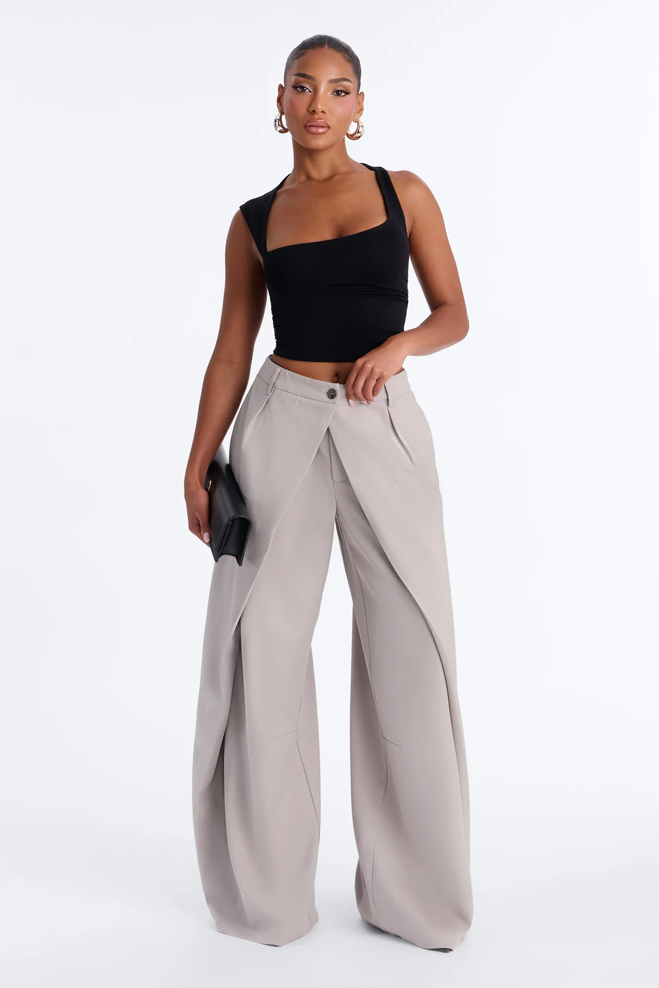 Margaret Solid Wide Leg Front Wrap Trouser Pant - Light Grey - Image 2