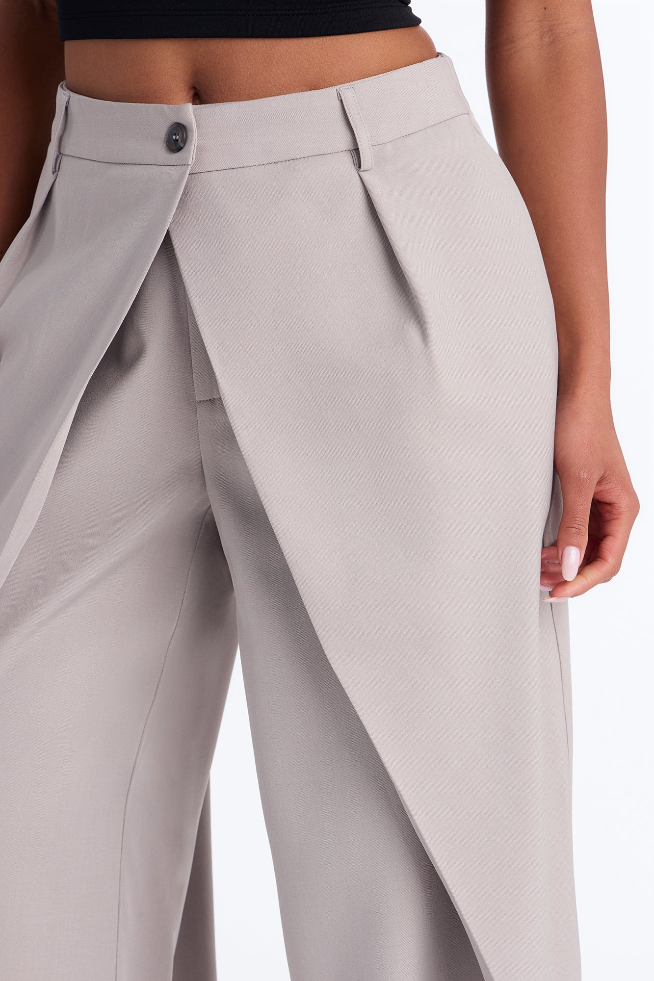 Margaret Solid Wide Leg Front Wrap Trouser Pant - Light Grey - Image 3