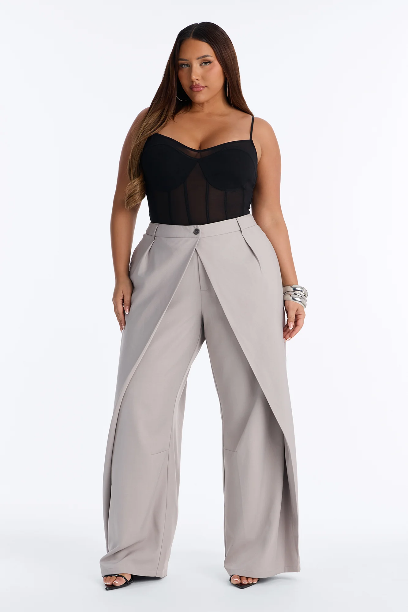 Margaret Solid Wide Leg Front Wrap Trouser Pant - Light Grey - Image 5