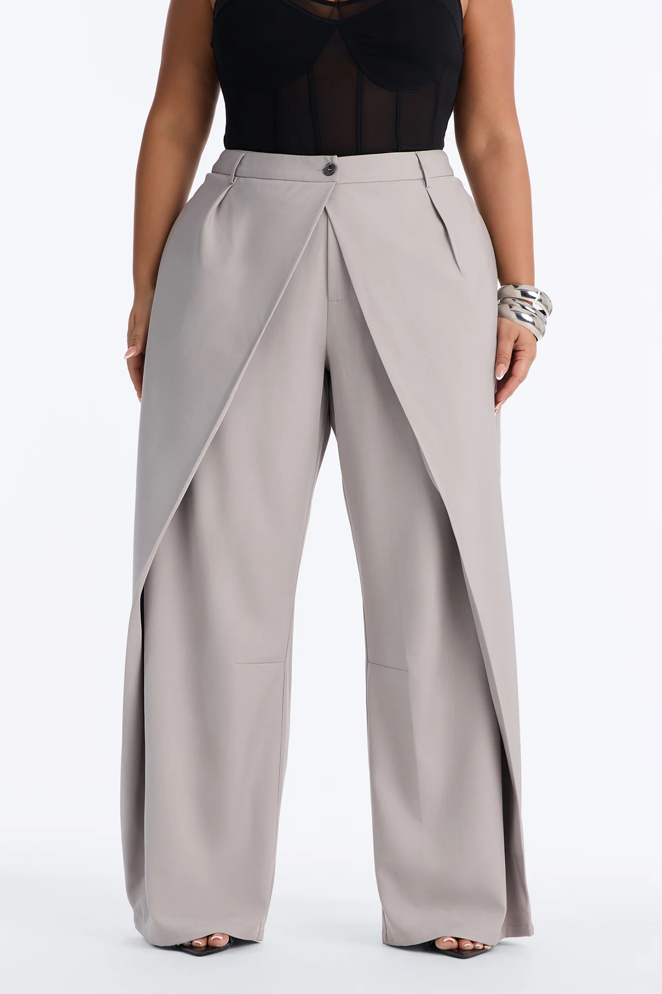 Margaret Solid Wide Leg Front Wrap Trouser Pant - Light Grey - Image 6