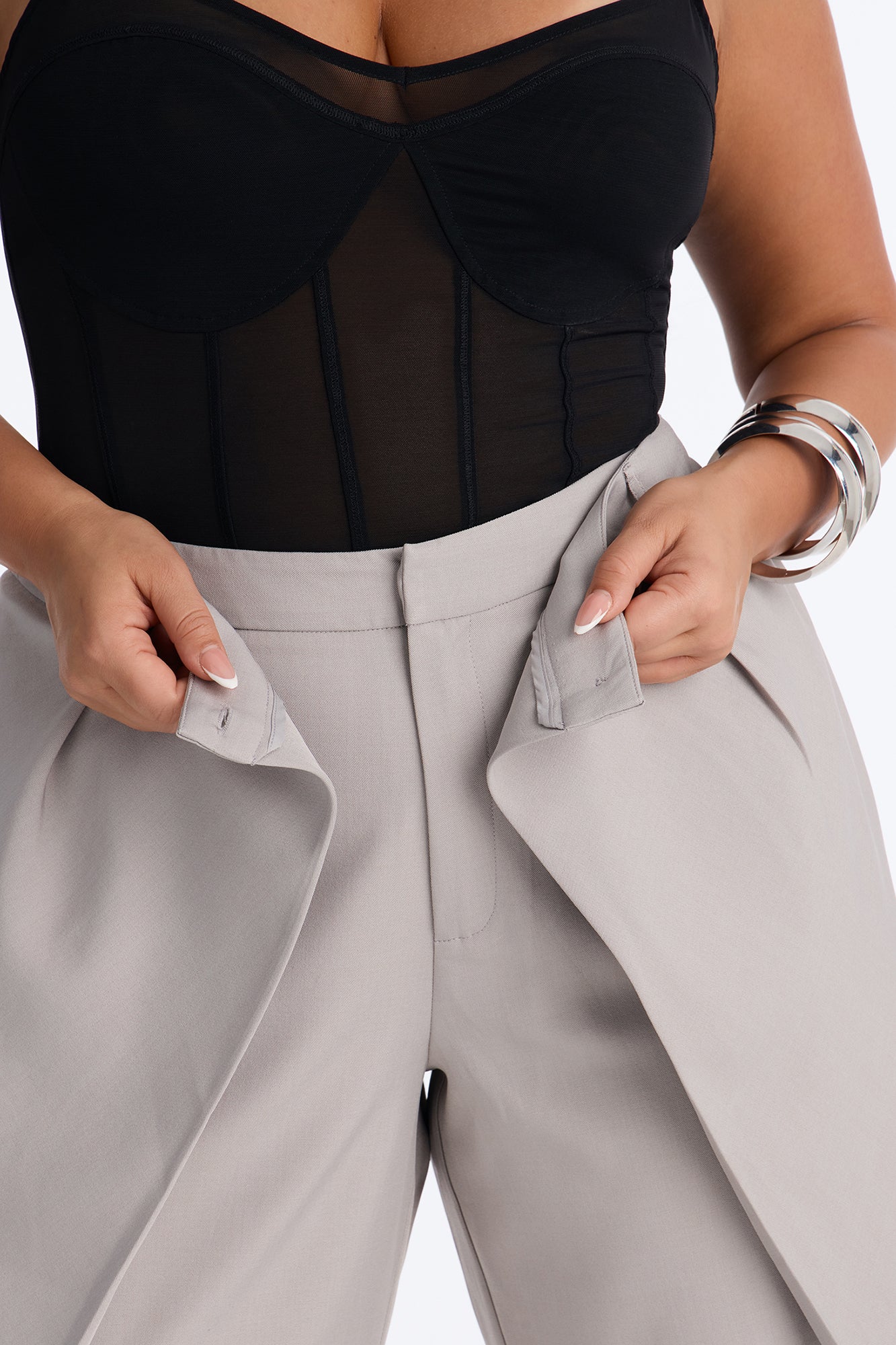 Margaret Solid Wide Leg Front Wrap Trouser Pant - Light Grey - Image 7