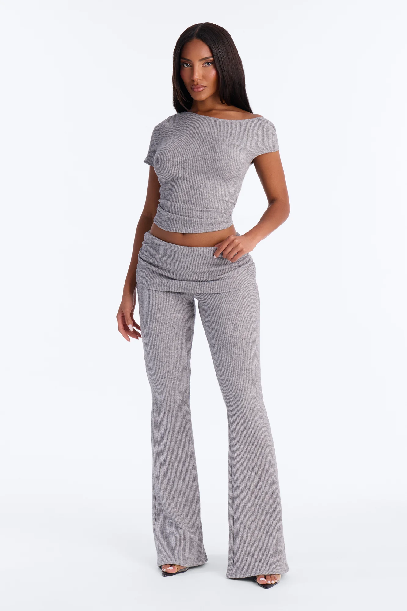 Margot Off Shoulder Ribbed Pant Set - Heather Grey