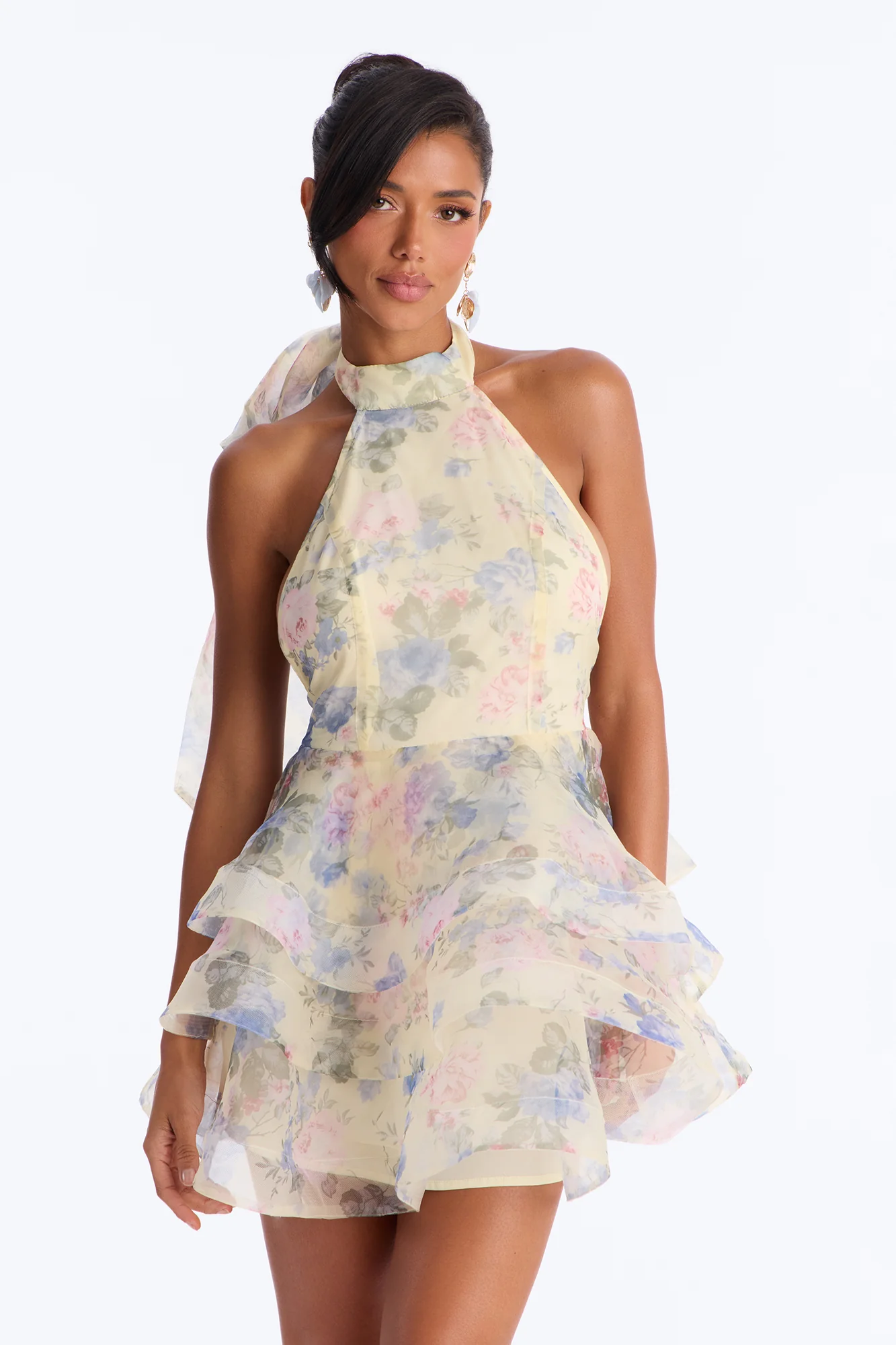 Maria Backless Floral Organza Mini Dress - Butter Yellow - Image 2