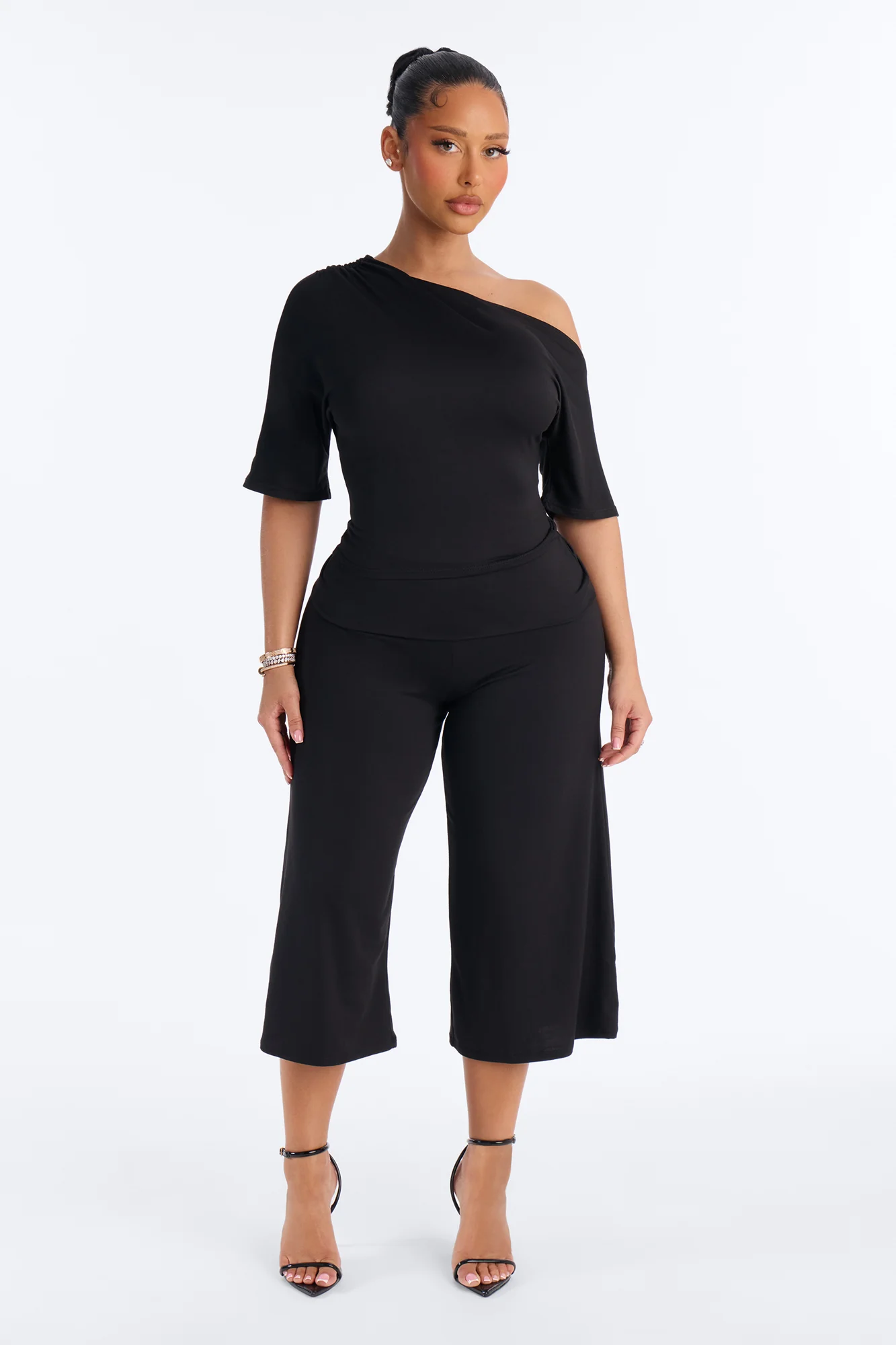 Maria Off Shoulder Gaucho Pant Set - Black