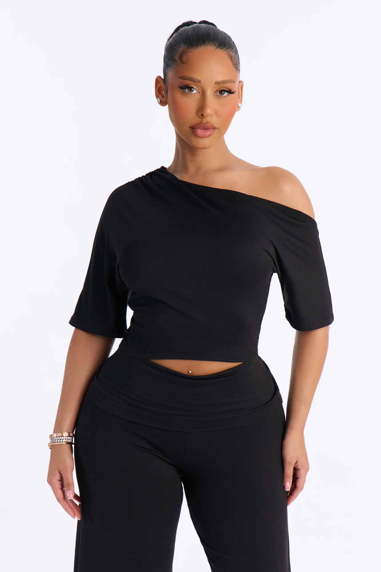 Maria Off Shoulder Gaucho Pant Set - Black - Image 2