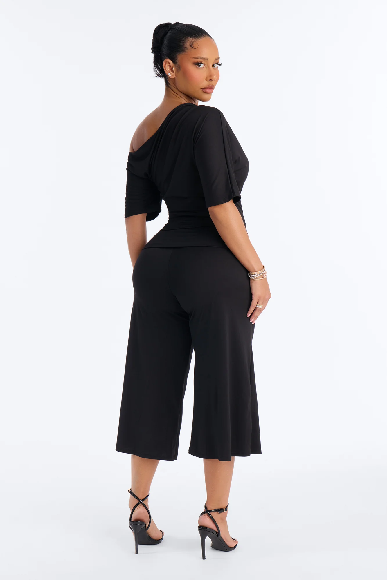 Maria Off Shoulder Gaucho Pant Set - Black - Image 4