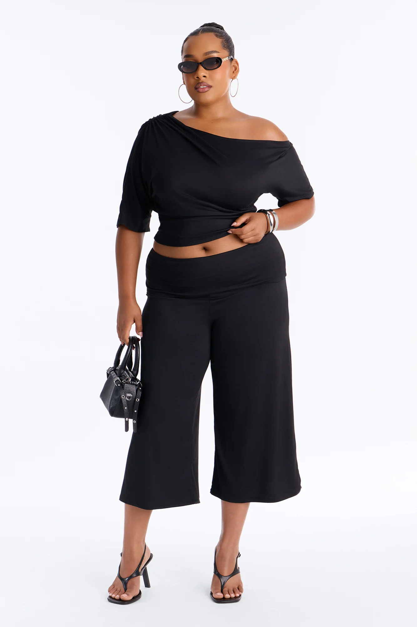 Maria Off Shoulder Gaucho Pant Set - Black - Image 5