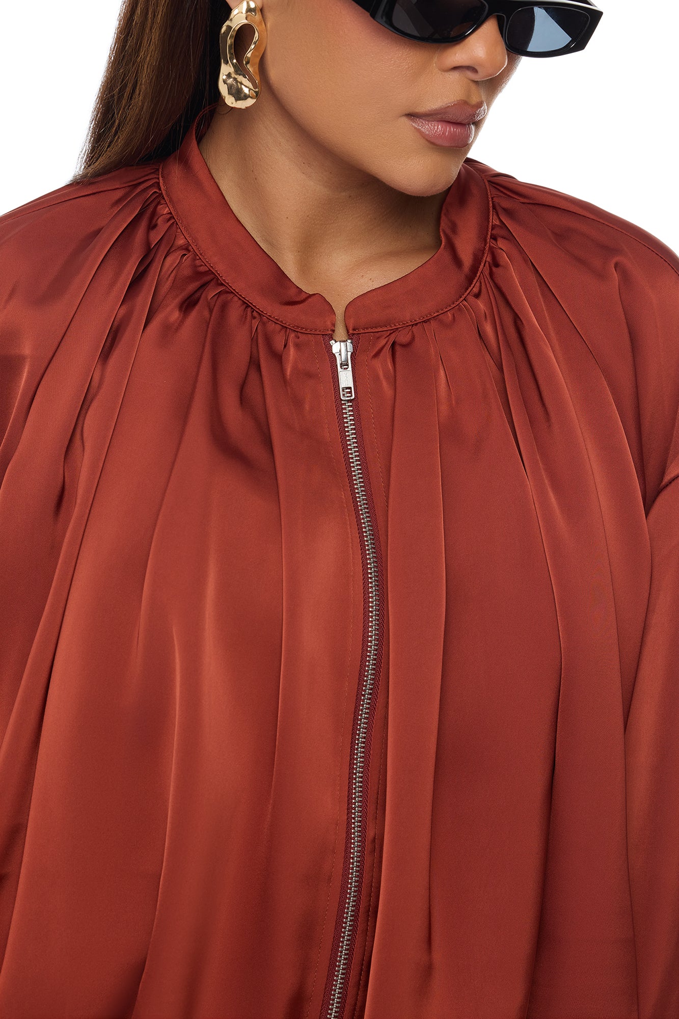 Marianna Balloon Sleeve Satin Jacket - Cognac - Image 3