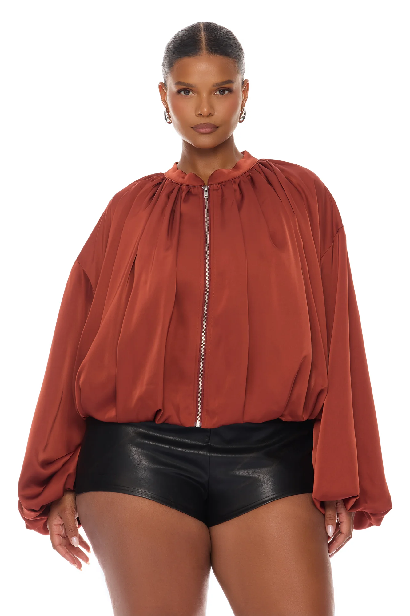 Marianna Balloon Sleeve Satin Jacket - Cognac - Image 5