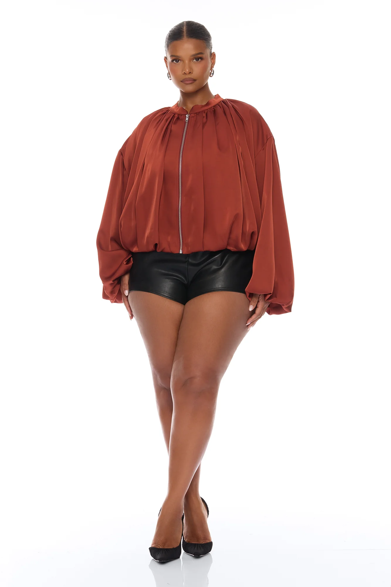 Marianna Balloon Sleeve Satin Jacket - Cognac - Image 6