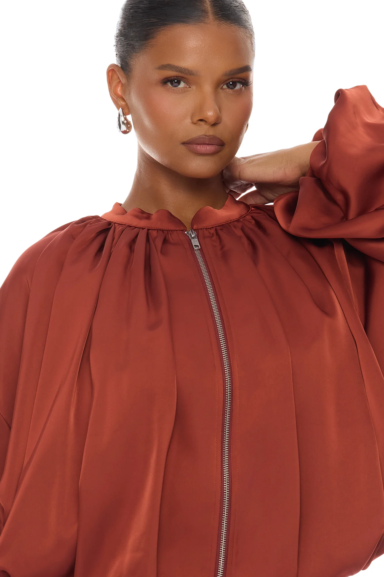 Marianna Balloon Sleeve Satin Jacket - Cognac - Image 8