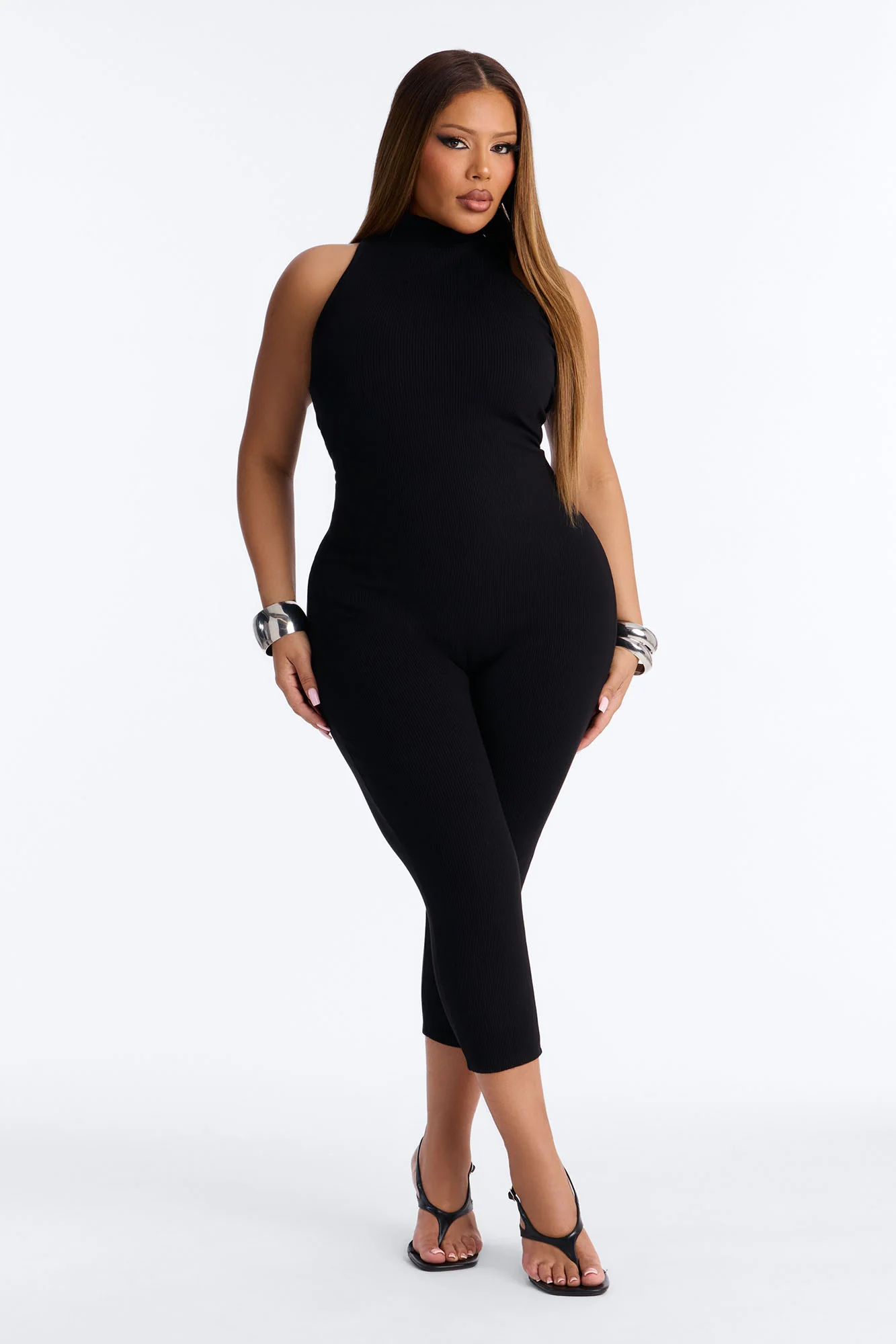 Maribel Sleeveless Snatched Capri Jumpsuit - Black - Image 6