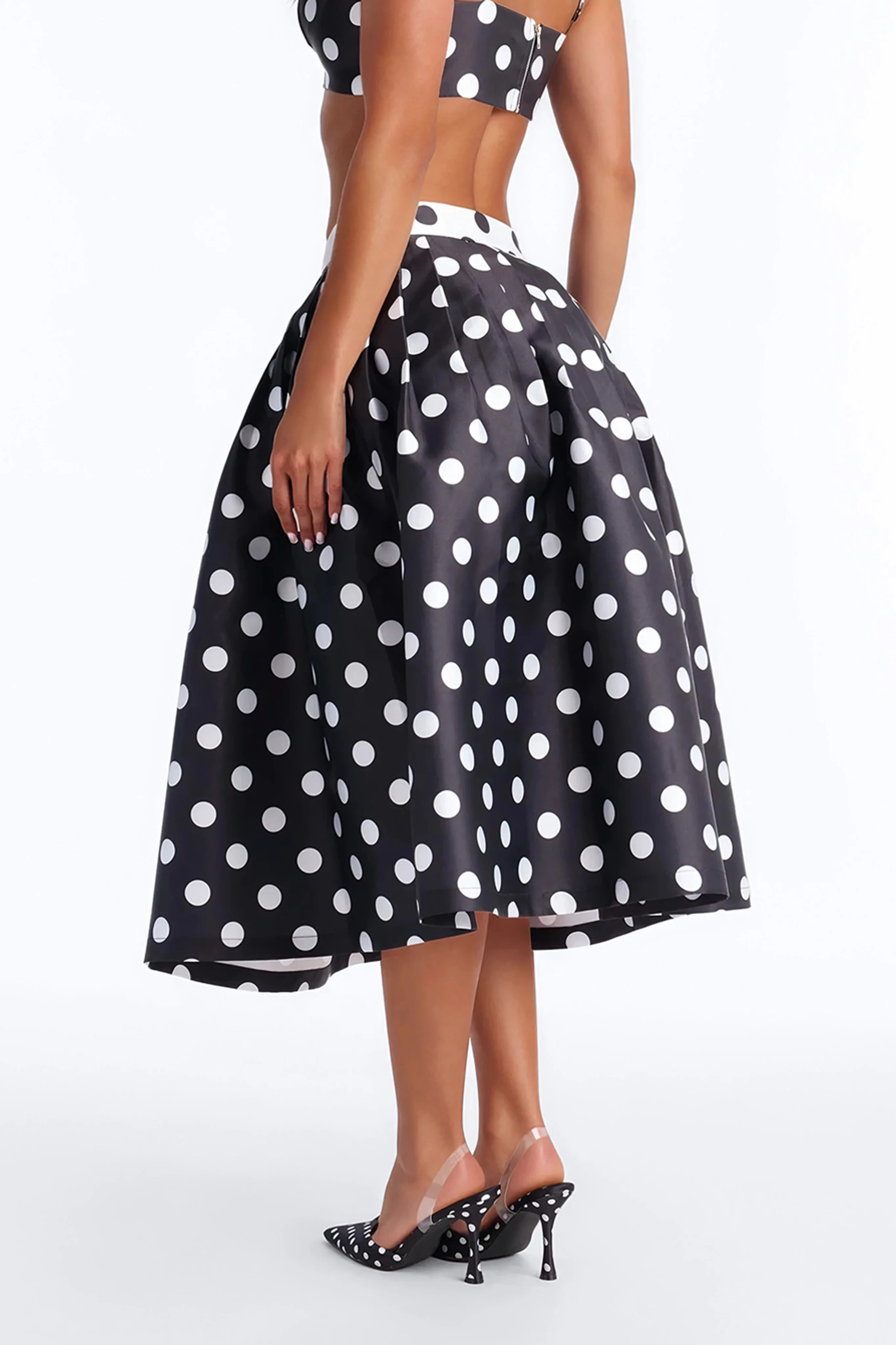 Marielle Pleated Polka Dot Midi Skirt - Black/White - Image 5