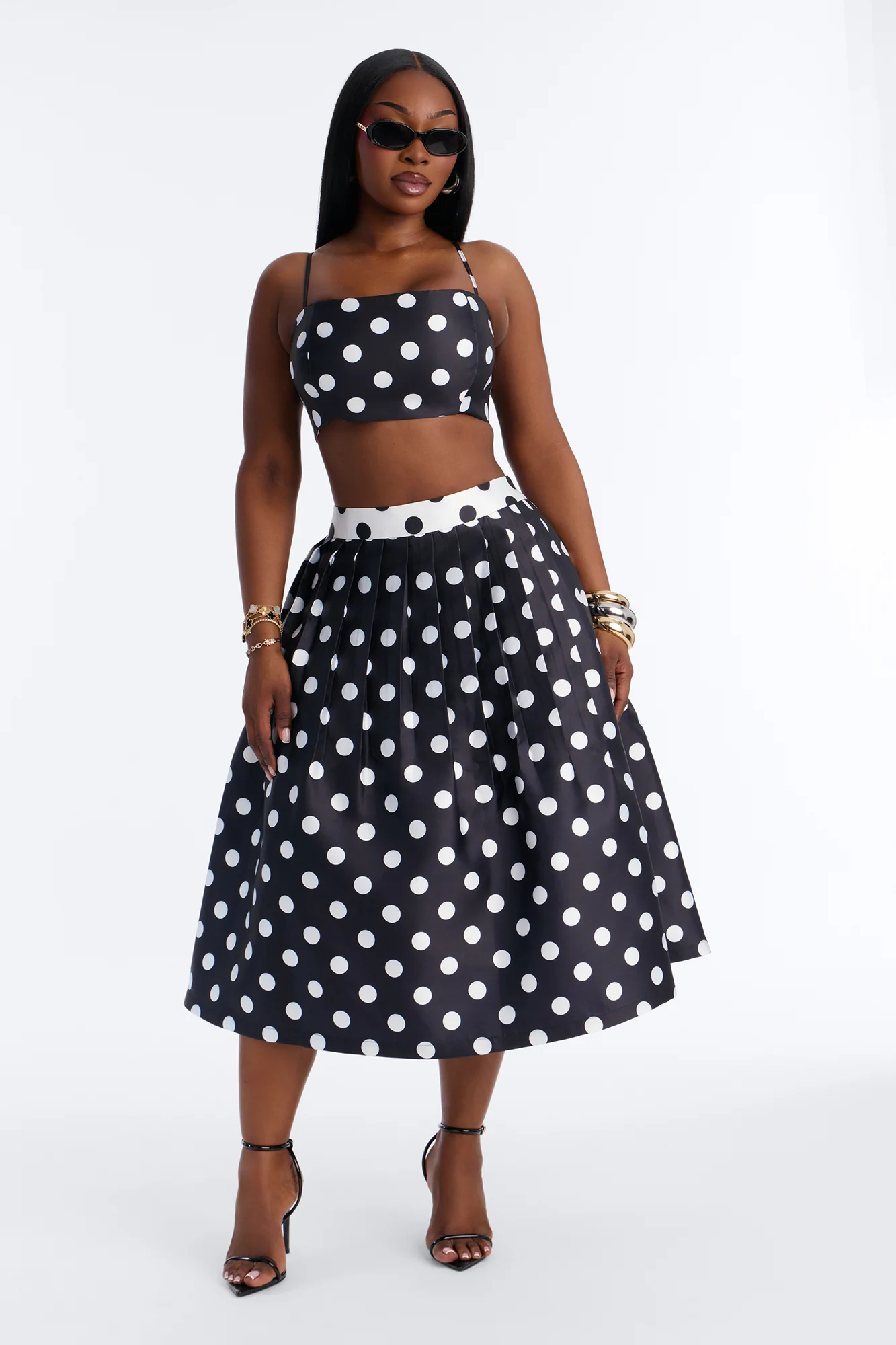 Marielle Pleated Polka Dot Midi Skirt - Black/White - Image 6