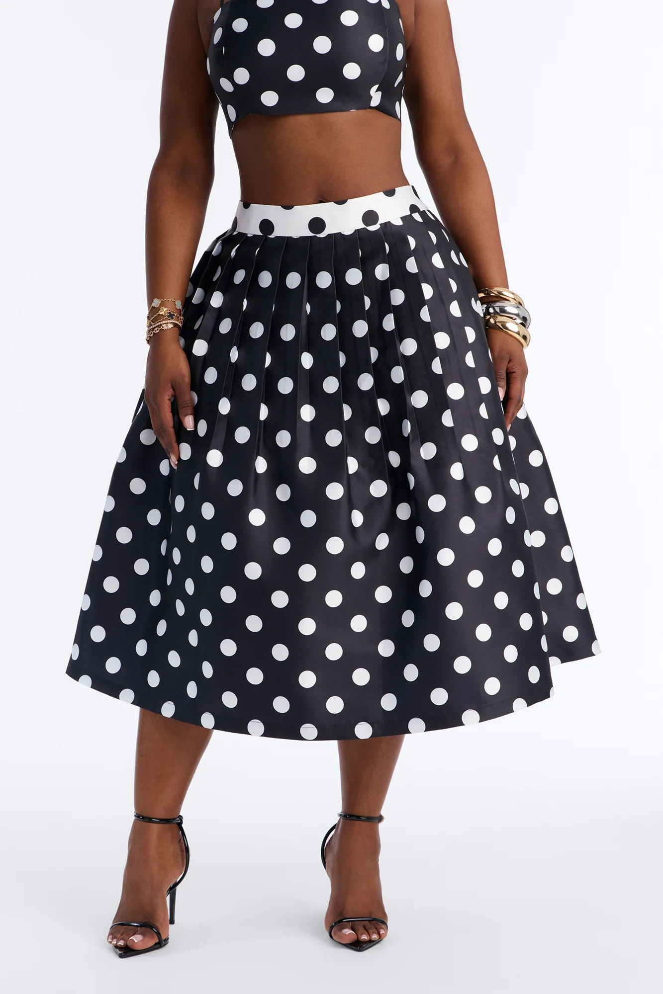 Marielle Pleated Polka Dot Midi Skirt - Black/White - Image 7
