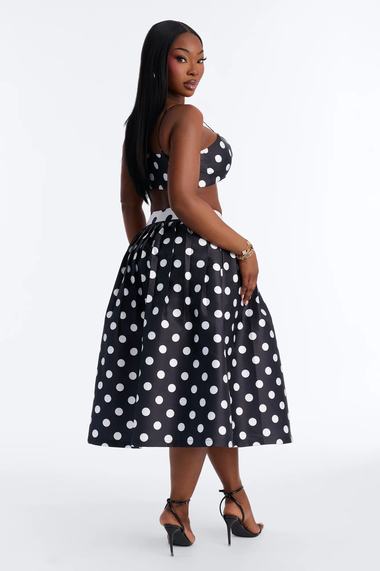 Marielle Pleated Polka Dot Midi Skirt - Black/White - Image 8