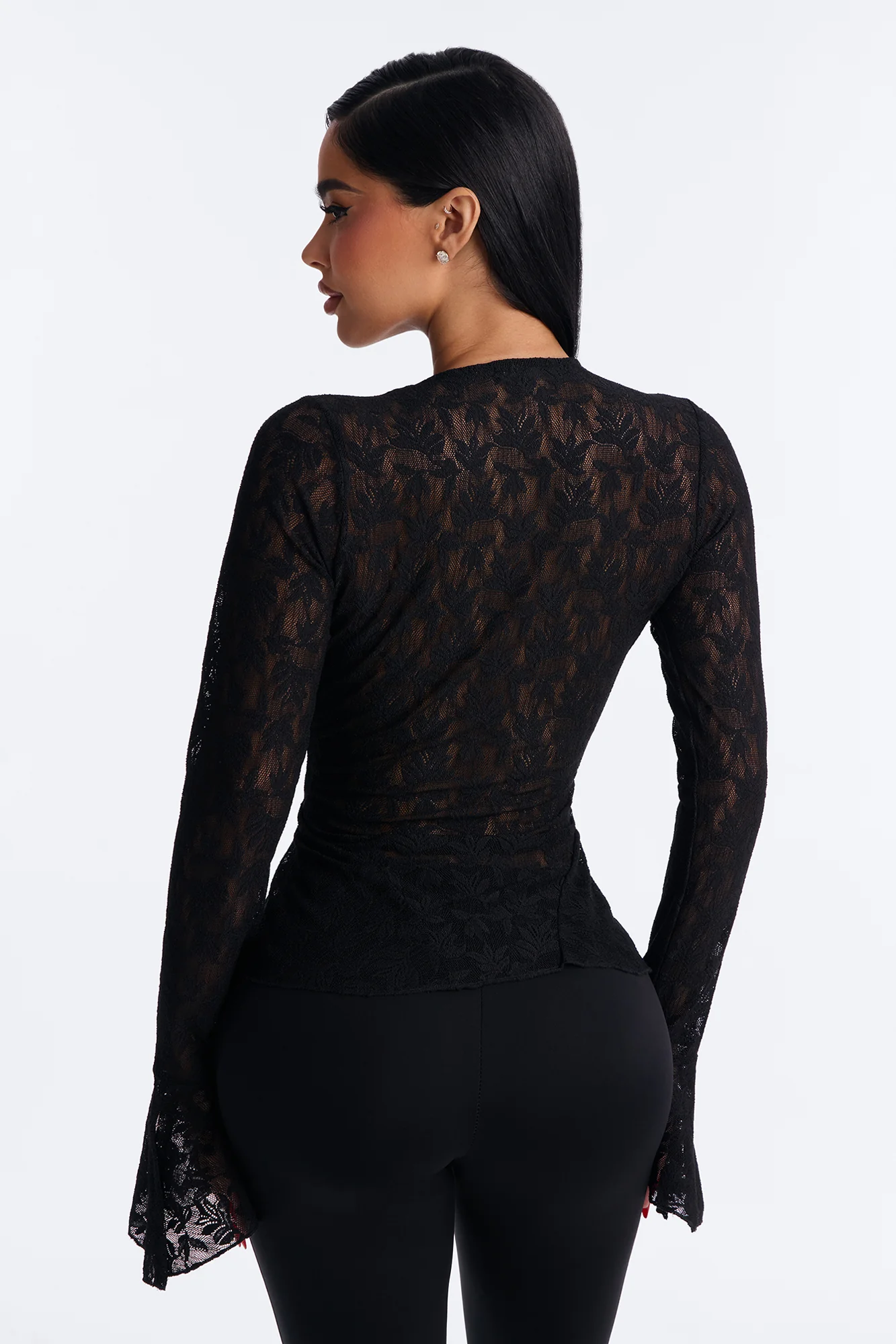 Marina Lace Long Bell Sleeve Top - Black - Image 4