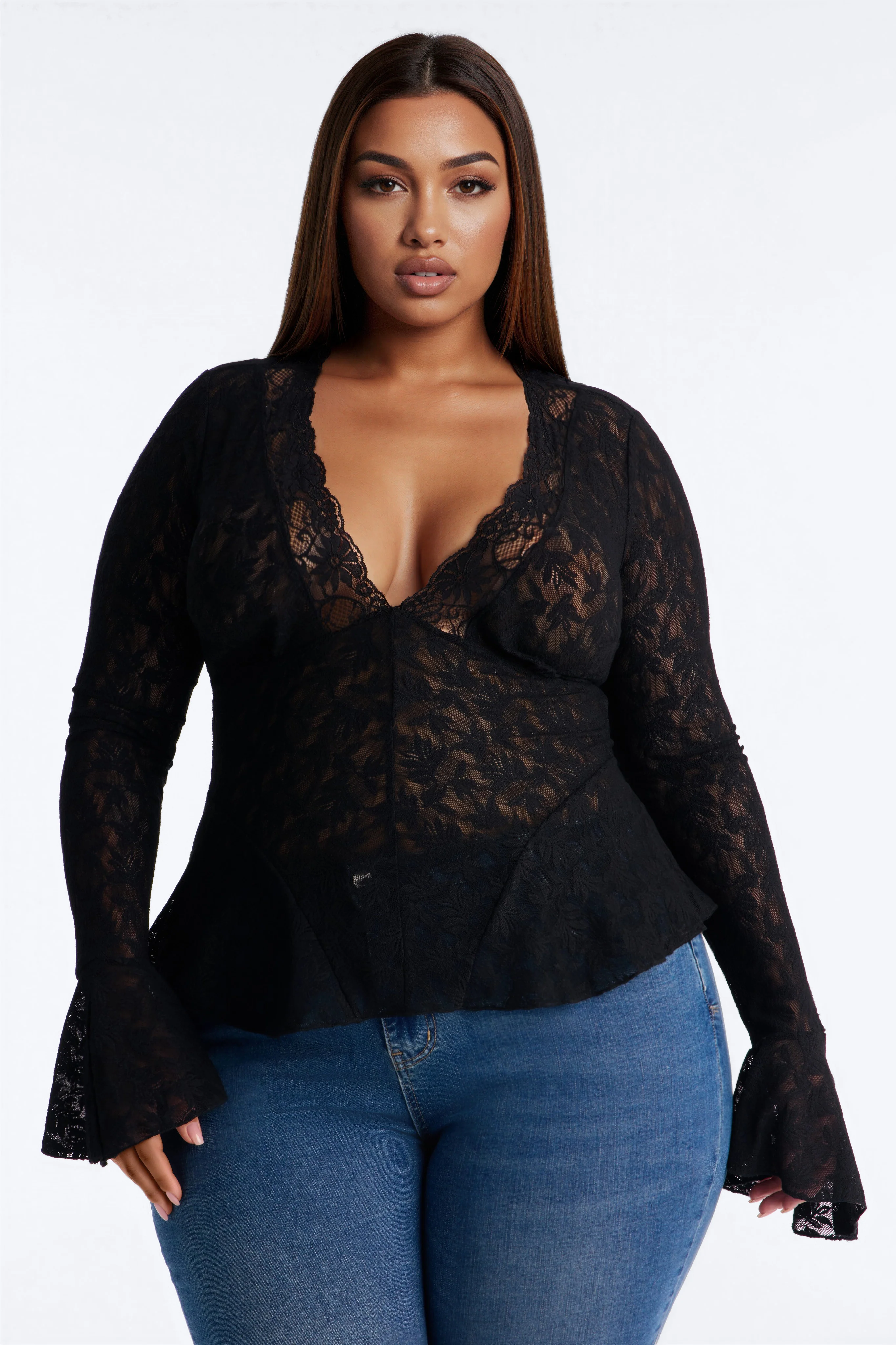 Marina Lace Long Bell Sleeve Top - Black - Image 5