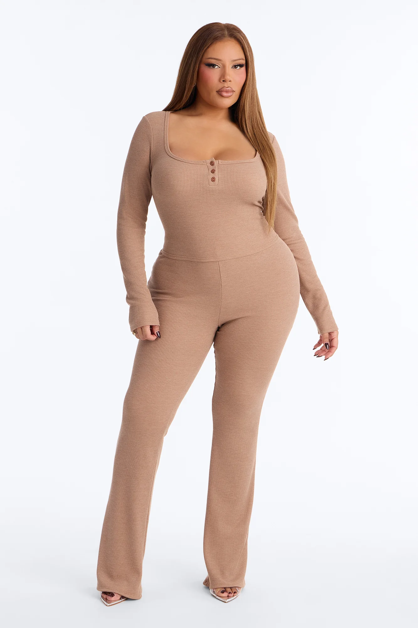 Marissa Long Sleeve Waffle Pant Set - Taupe - Image 5