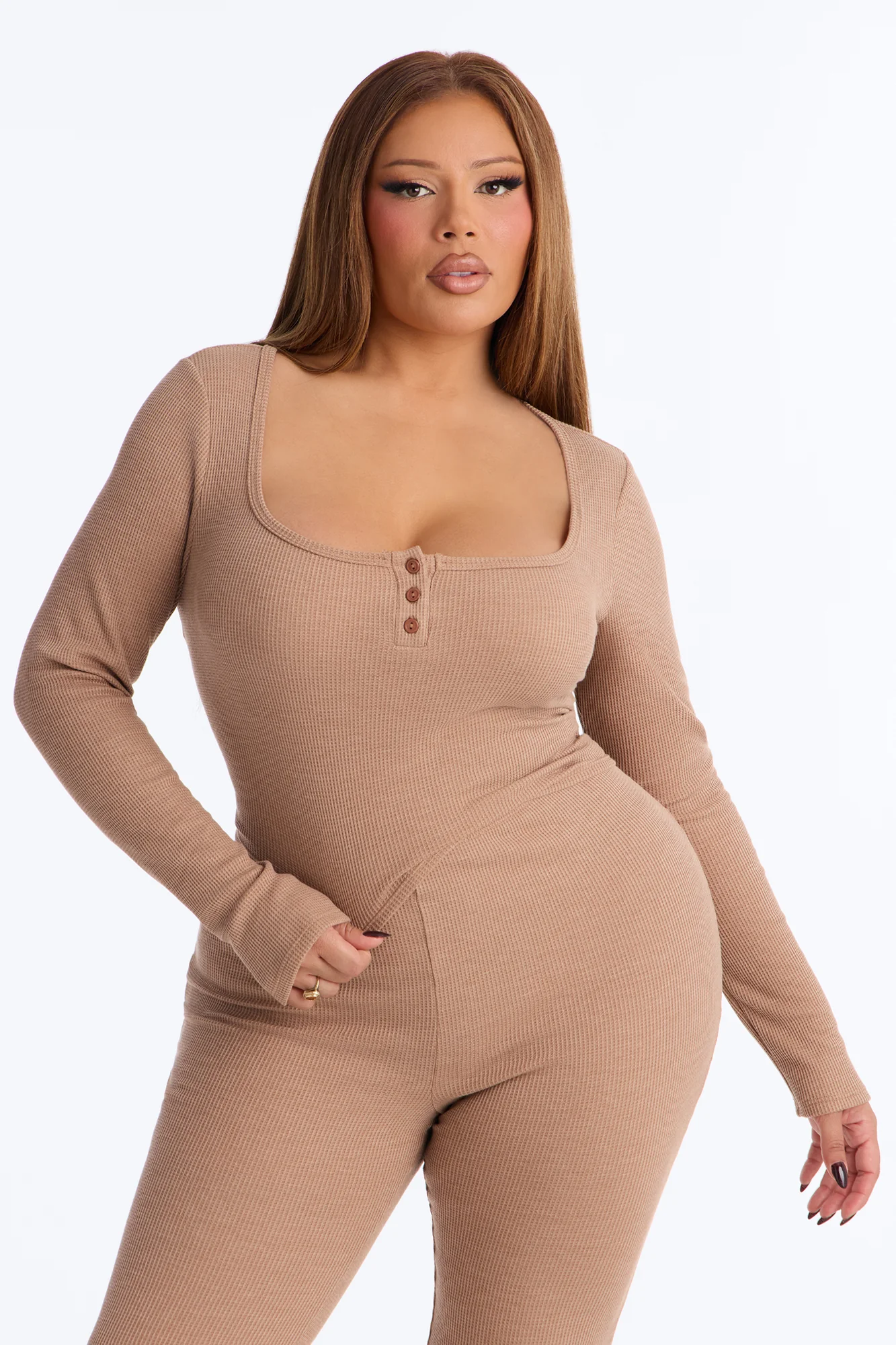 Marissa Long Sleeve Waffle Pant Set - Taupe - Image 6