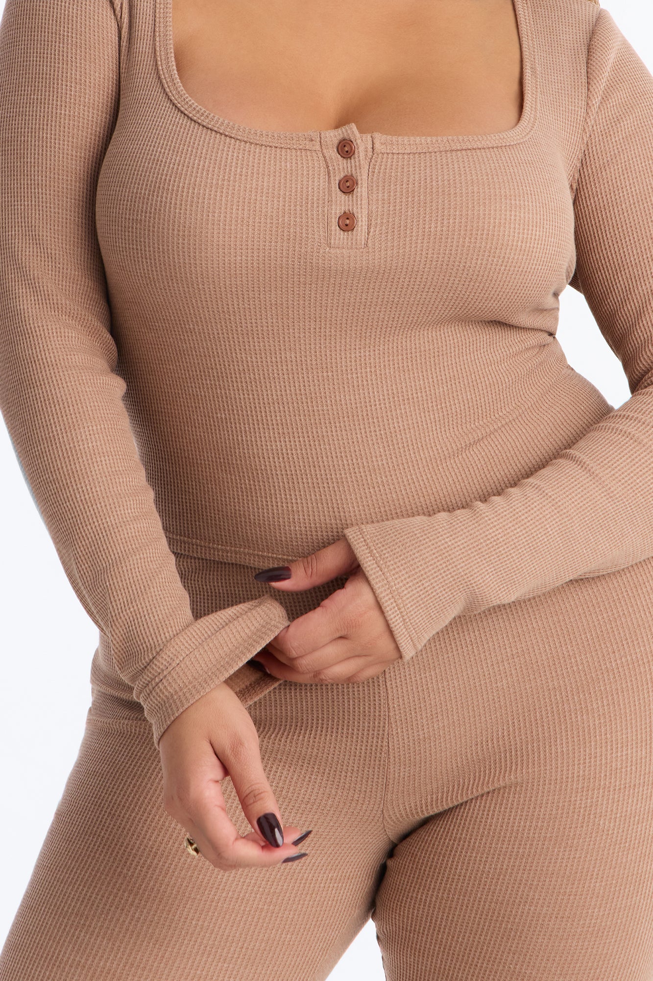 Marissa Long Sleeve Waffle Pant Set - Taupe - Image 7