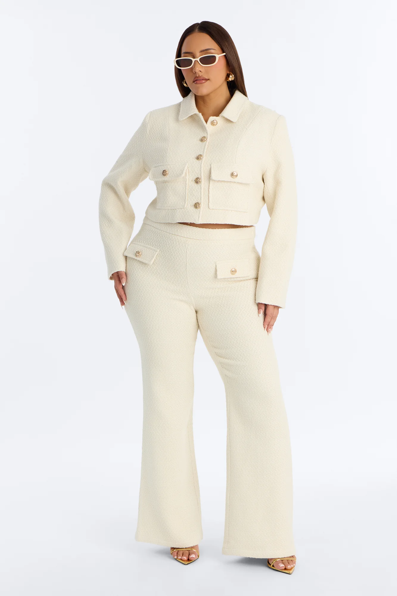 Mary Jane Wide Leg Tweed Pants - Ivory - Image 5