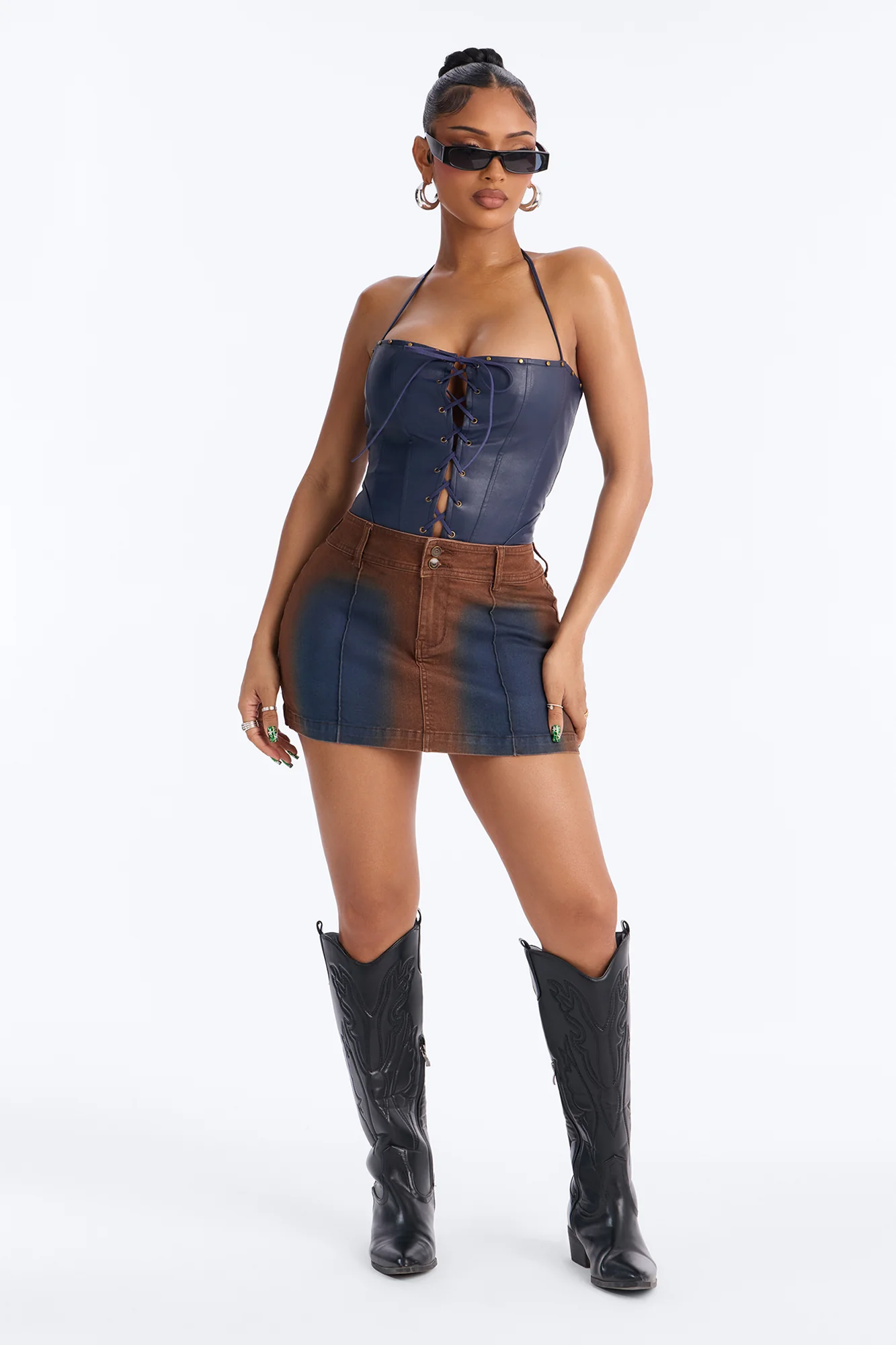 Match My Aura Tinted Denim Mini Skirt - Brown/combo - Image 2