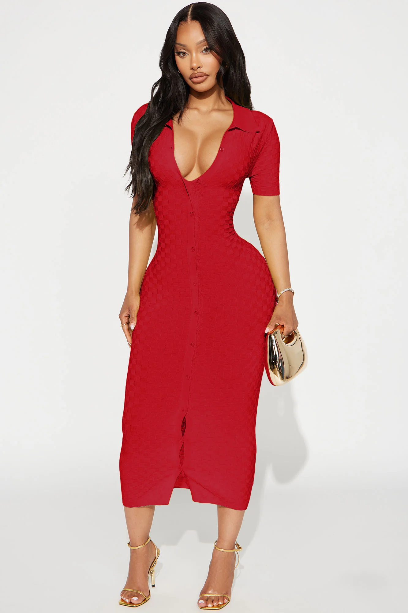 Match My Vibe Checkered Midi Dress - Red