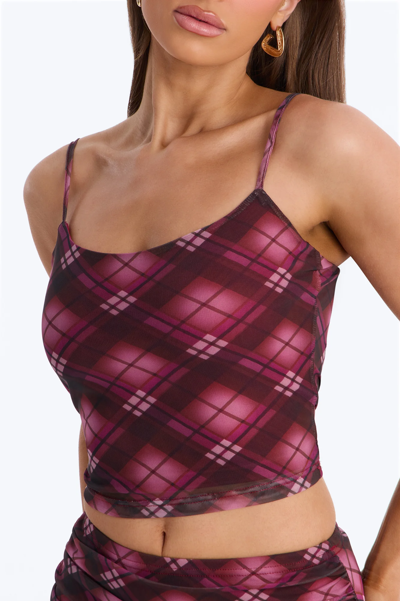 Mayla Mesh Plaid Skirt Set - Burgundy/combo - Image 7
