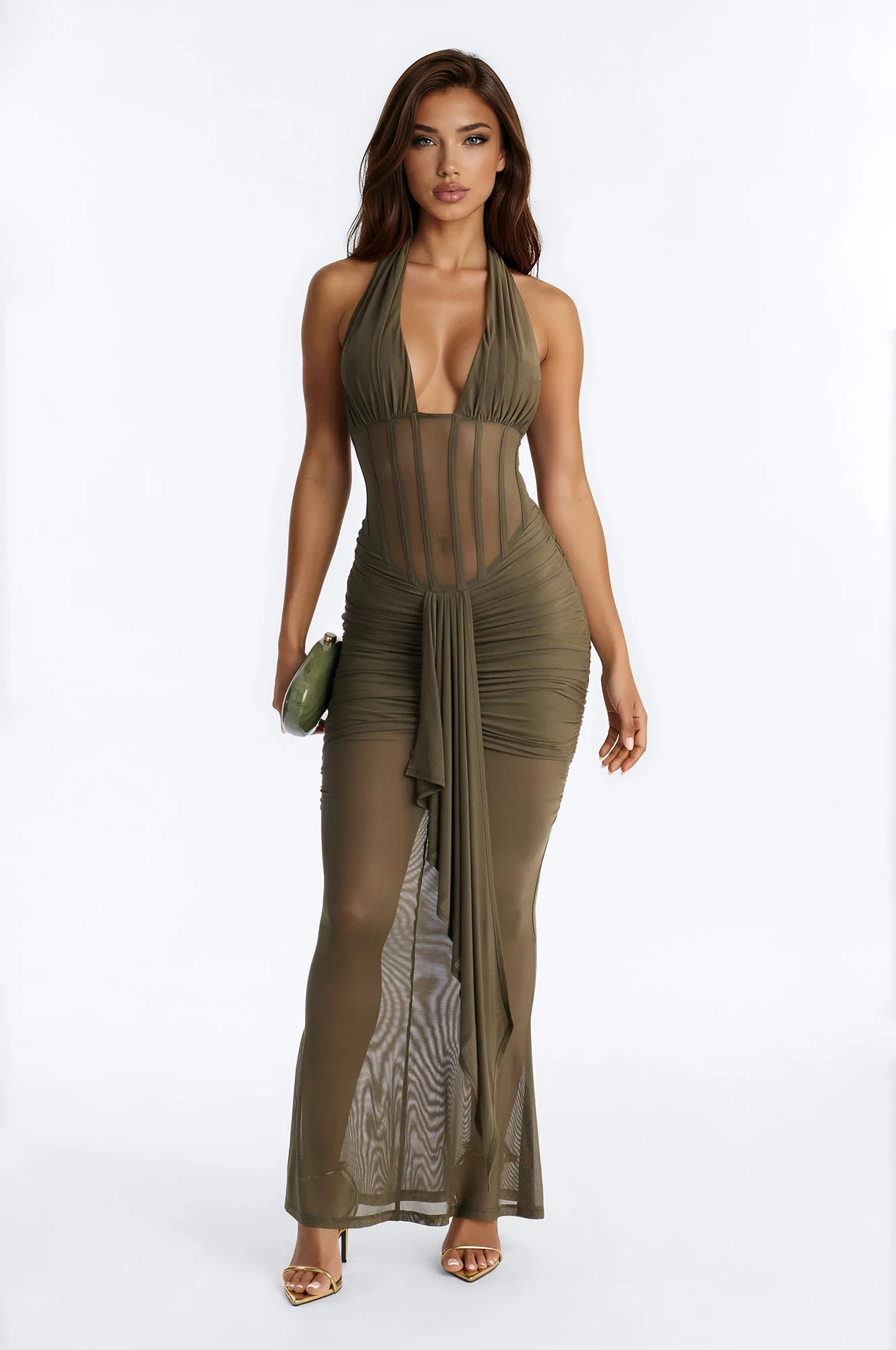 Mecca Mesh Halter Maxi Dress - Olive