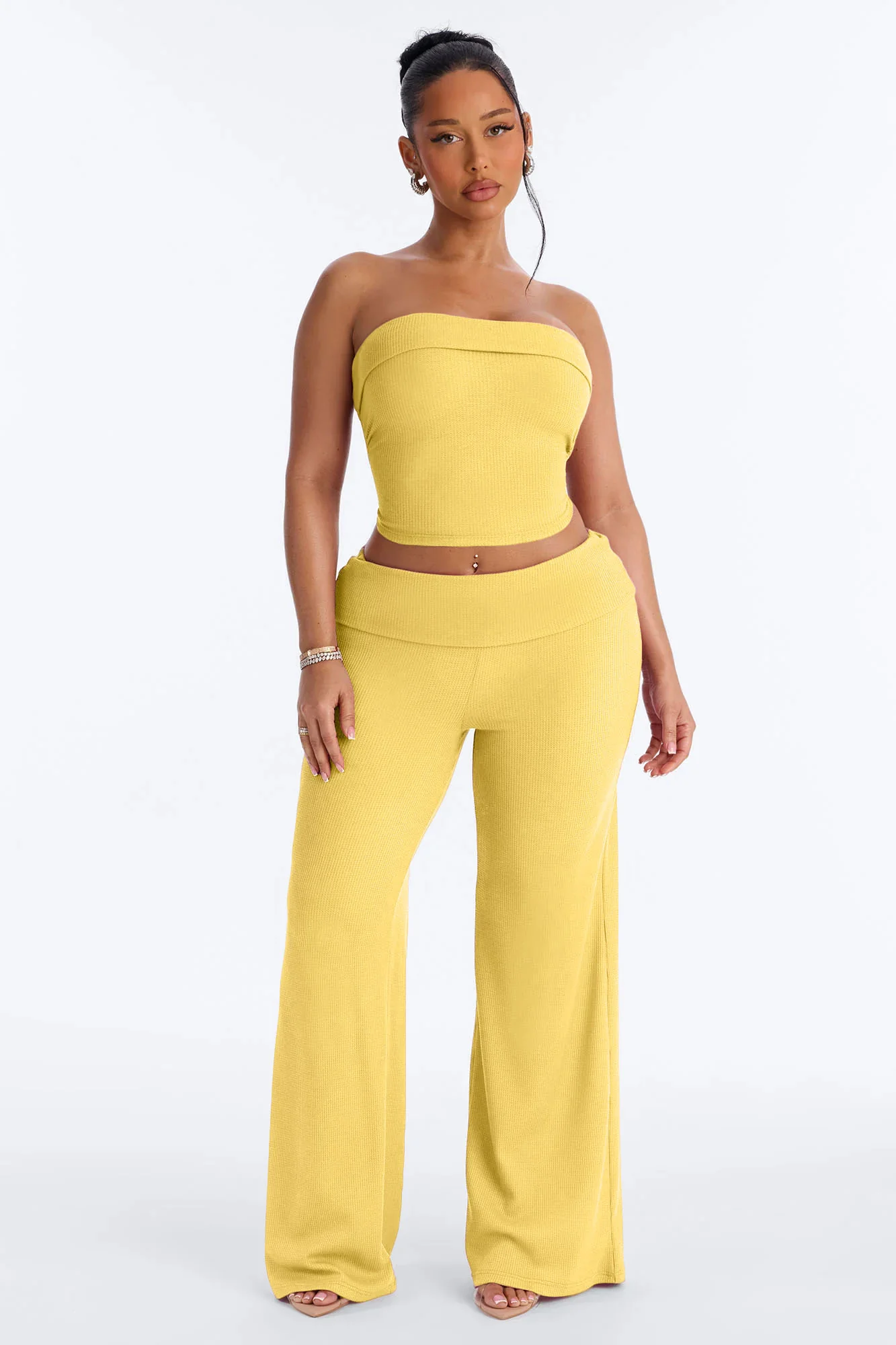 Megan Waffle Knit Foldover Waist Pant Set - Yellow