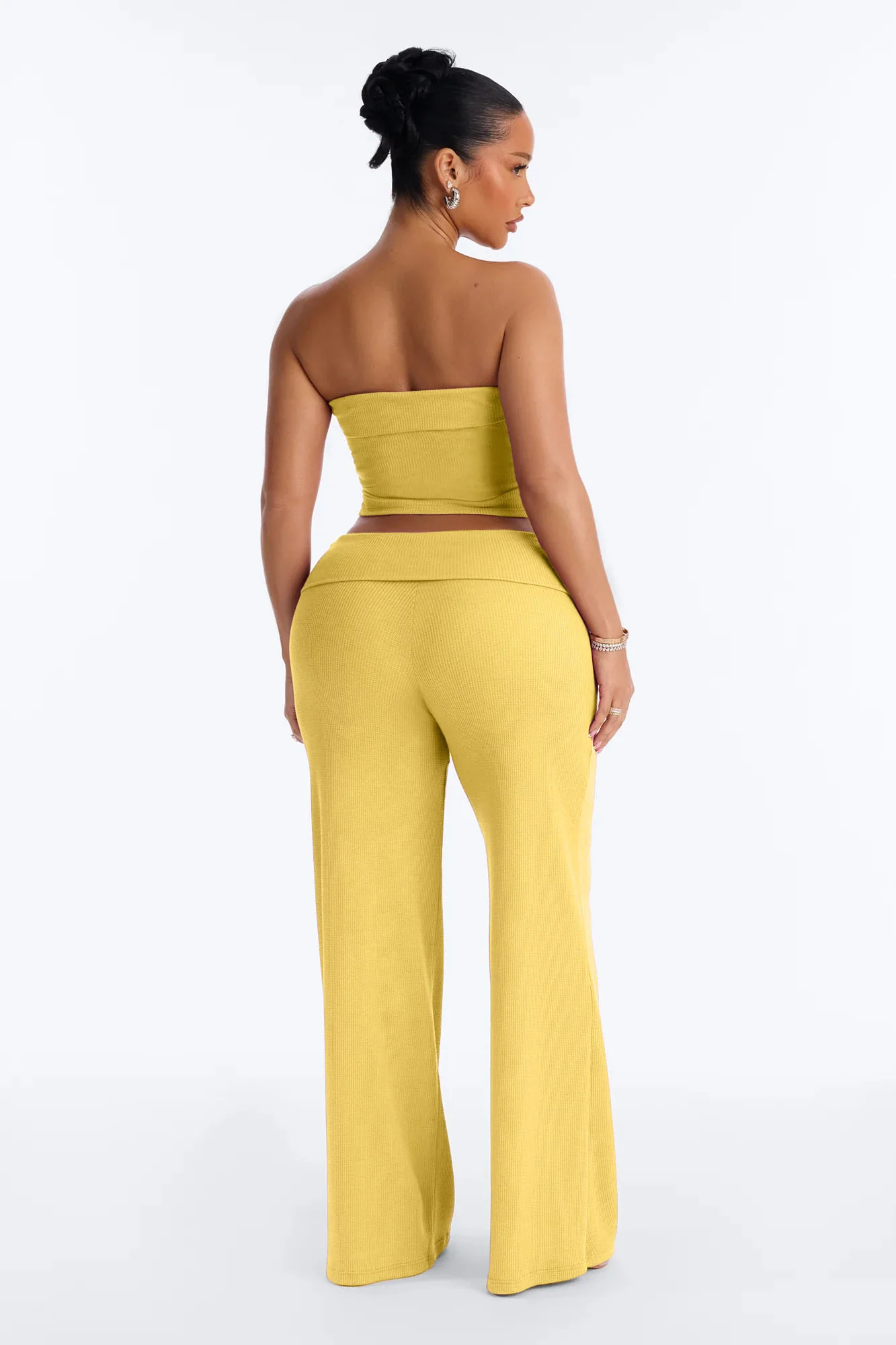 Megan Waffle Knit Foldover Waist Pant Set - Yellow - Image 4