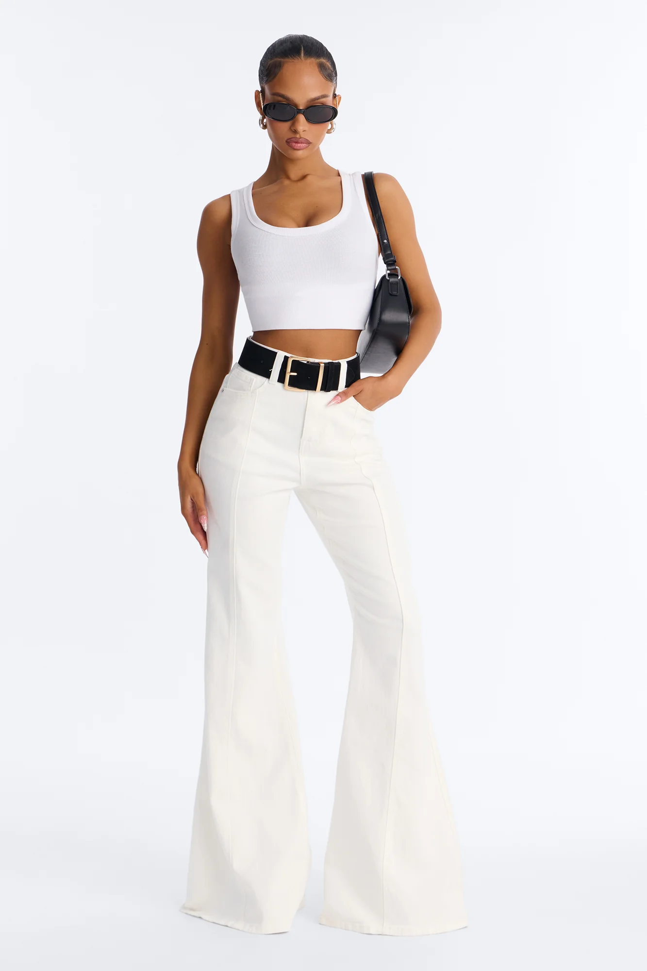 Mel High Rise Stretch Bell Bottom Flare Jeans - Cream